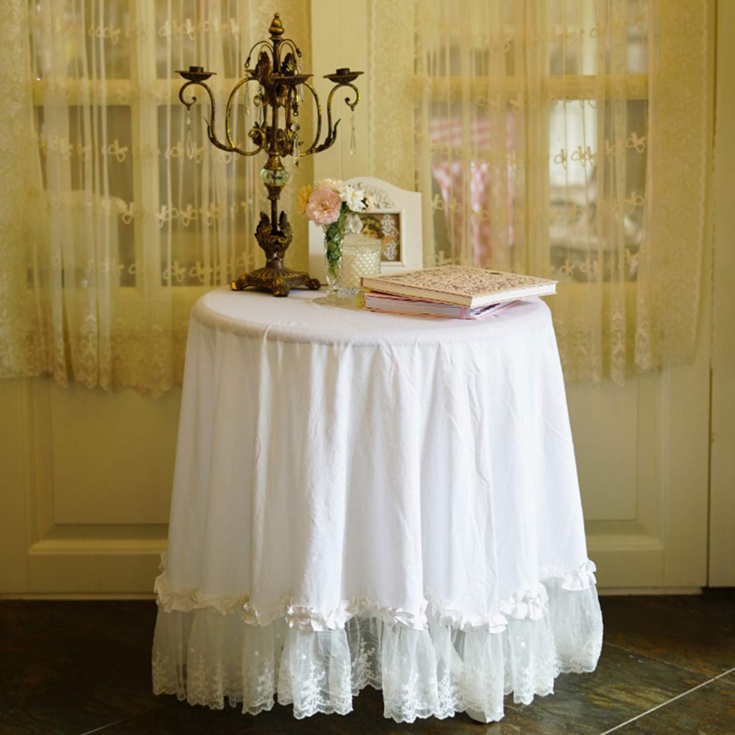 QYQCX Cotton Lace Ruffled Tablecloth - Vintage Round Table Cover for Sofa & Furniture, 250cm Shabby Chic Dust Protector | Perfect for Wedding Banquets, Tea Parties & Home Decor