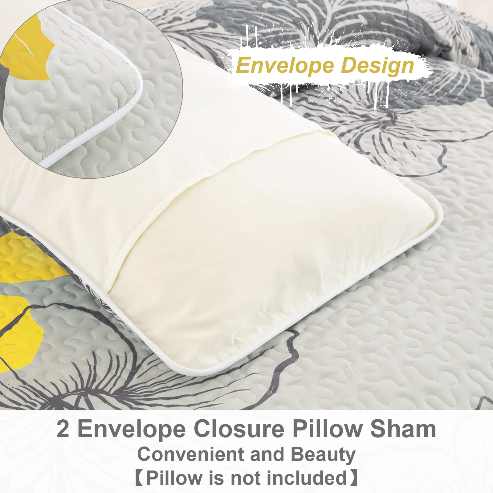 DJY 3-Piece Queen Size Yellow Floral Quilt Set - Elegant Boho Bedspread with 2 Pillow Shams | Soft Lightweight Microfiber Bedding for All Seasons (90