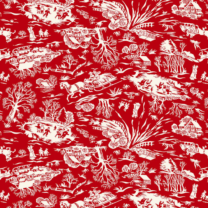 Buttermilk Basin Winter in Snowtown Fabric - Red Currier & Ives Toile Scene by the Yard | Perfect for Quilting, Home Decor & Holiday Crafts