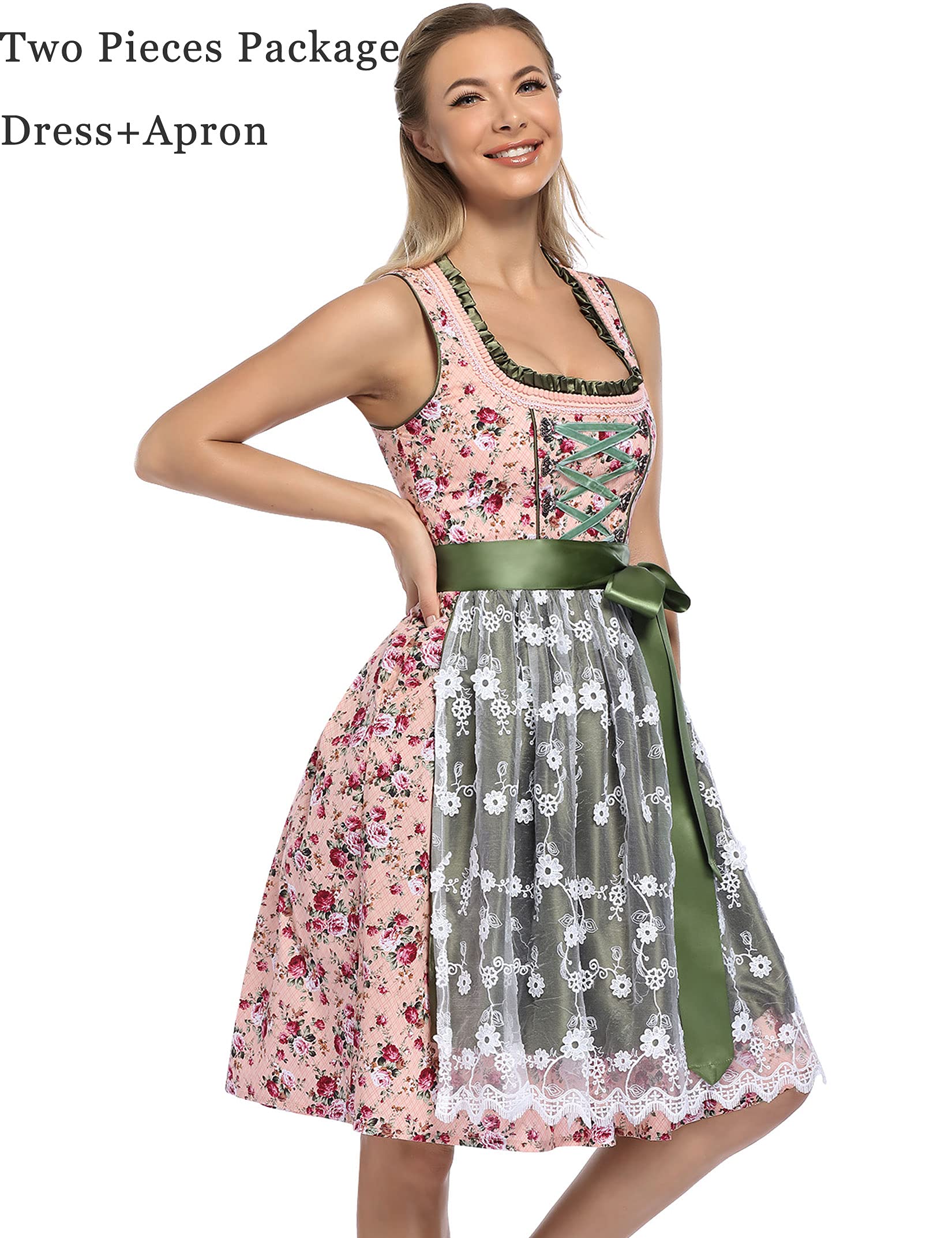 GloryStar Women's German Dirndl Dress - Traditional Bavarian Oktoberfest Costume 2-Piece Set in Green & Pink | Beer Garden Party, Cultural Festival, Halloween Costume