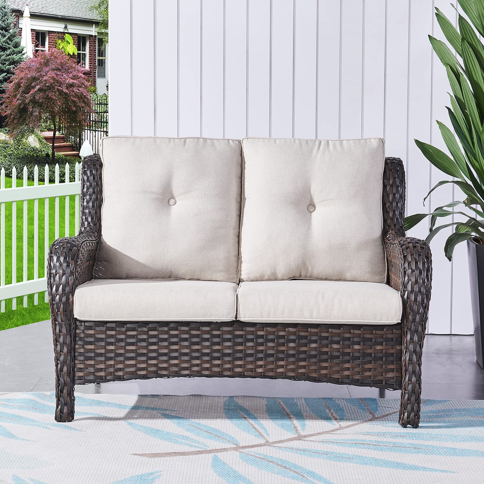 2-Seater Wicker Patio Loveseat - Deep Seat Rattan Outdoor Sofa with Cushions for Porch, Deck & Balcony (Brown/Beige) | Perfect for Relaxing in Your Backyard, Garden or Poolside