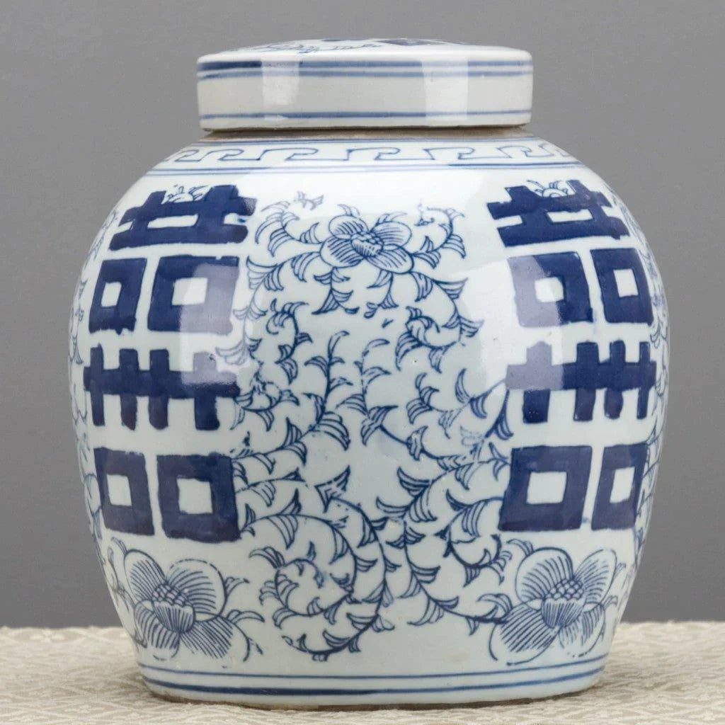 Blue and White Double Happiness Lidded Jar - Chinese Wedding Ceramic Tea Canister, Home Decor & Gift for Couples - Perfect for Wedding Favors, Anniversary Gifts & Boho Home Decor
