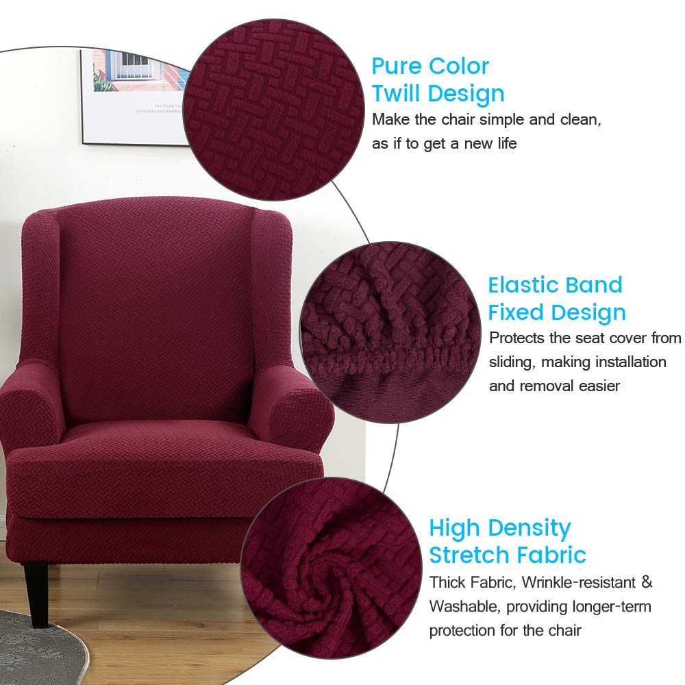 Wingback Chair Slipcovers 2-Piece Set - Stretch Jacquard Fabric with Armrests, Washable Sofa Covers for Armchairs & Furniture Protection (Red) - Perfect for Living Room, Office & Home Decor