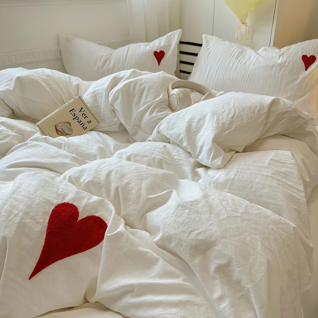 White Washed Cotton Bedding Set With Red Embroidered Heart - Queen Size 4-Piece Bed Sheet Set - Soft Breathable Comforter Cover & Pillowcases - Perfect for Romantic Bedrooms, Valentine's Gift or Cozy Farmhouse Decor
