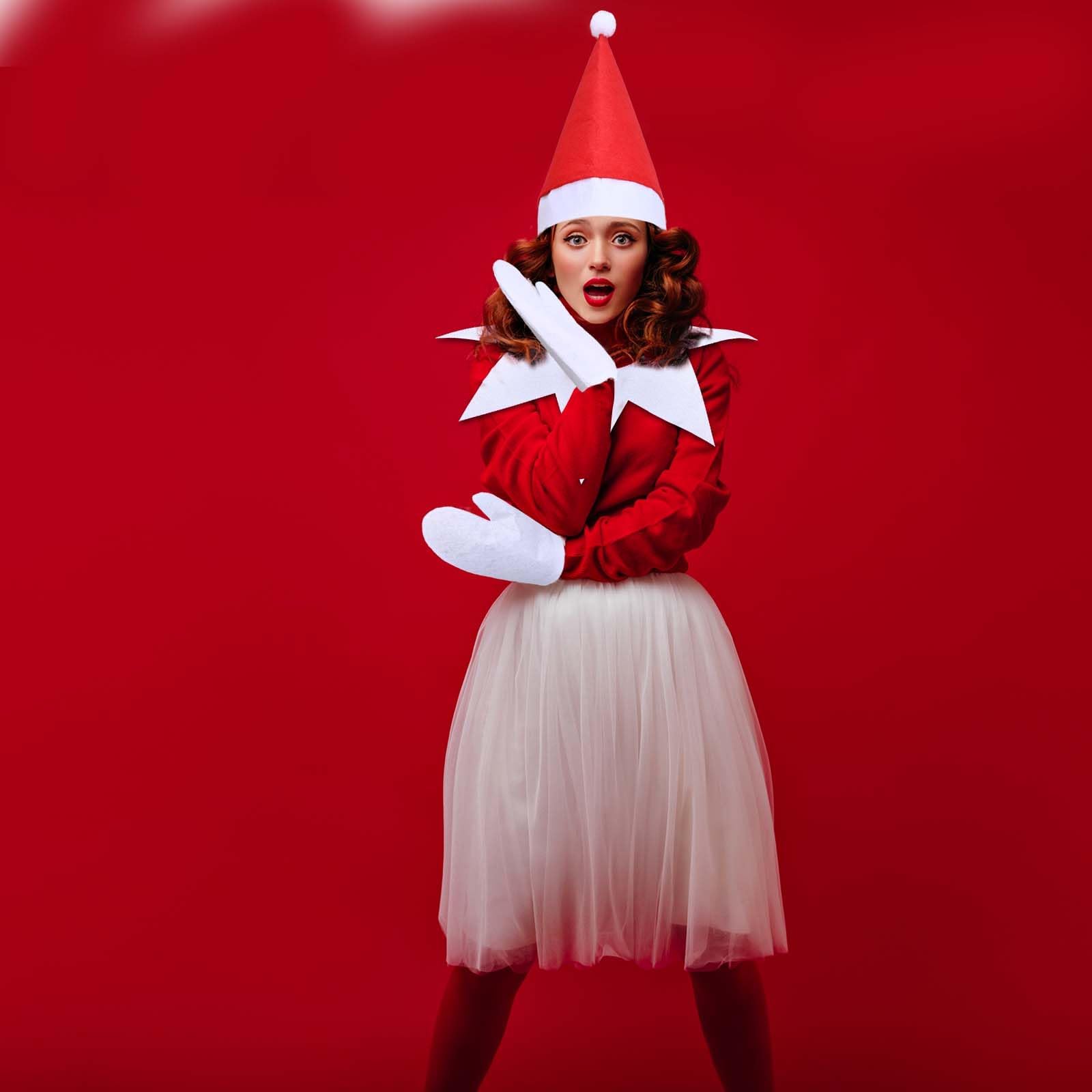 3 Pcs Christmas Elf Costume Set for Women & Men - Red & White Elf Outfit with Accessories for Halloween & Christmas Parties | Perfect for Holiday Cosplay, Office Parties & Festive Gatherings