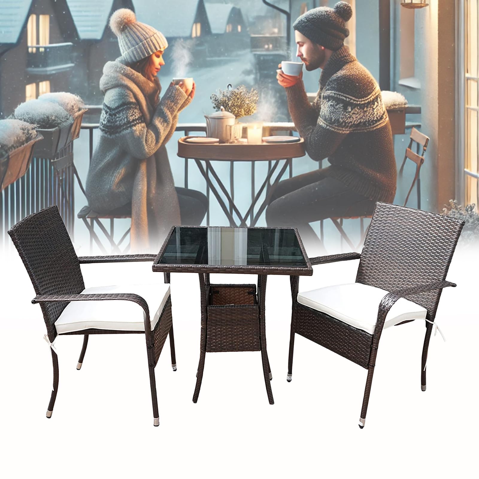 2-Person Outdoor Bistro Table Set - Weather-Resistant Wicker Patio Dining Table & Chairs for Balcony, Deck, Garden, Lawn & Small Spaces - Perfect for Couples, Coffee Dates & Al Fresco Dining