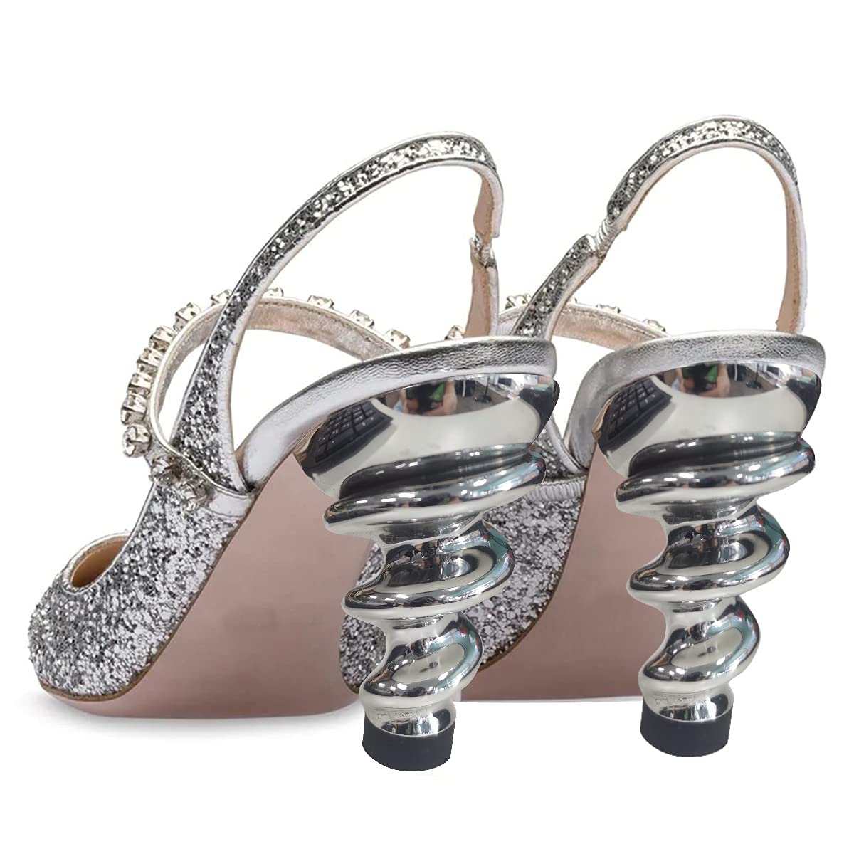 YDN Women's Trendy Metallic Spiral Heel Slip-On Sandals - Rhinestone Strap Pointed Toe Dress Pumps for Party, Wedding & Evening Events (US 4-15)