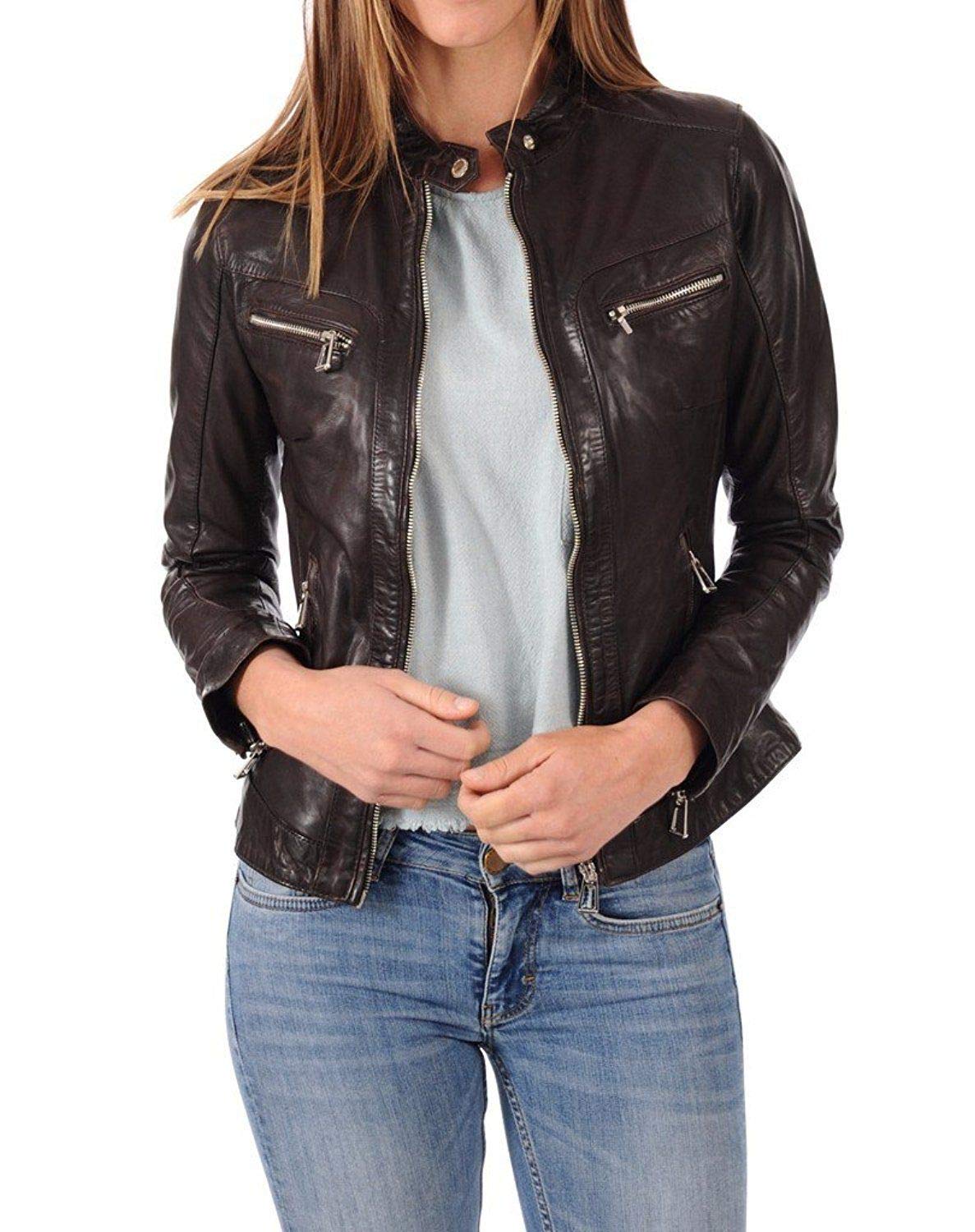 Stylish Women's Leather Motorcycle Jacket - Quilted Bomber Biker Jacket for Women, Dark Brown Genuine Leather Outerwear - Perfect for Riding, Casual Wear & Night Out