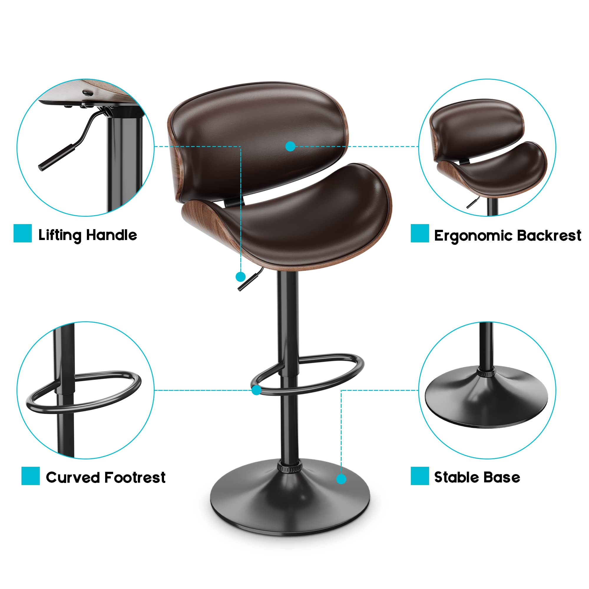 ONME Bar Stools Set of 2 - Adjustable Height Swivel Bar Stools with PU Leather Upholstery, Back Support & Footrest - Modern Bentwood Counter Stools for Kitchen Island, Home Bar & Dining Room - Perfect for Entertaining & Casual Dining (Brown)