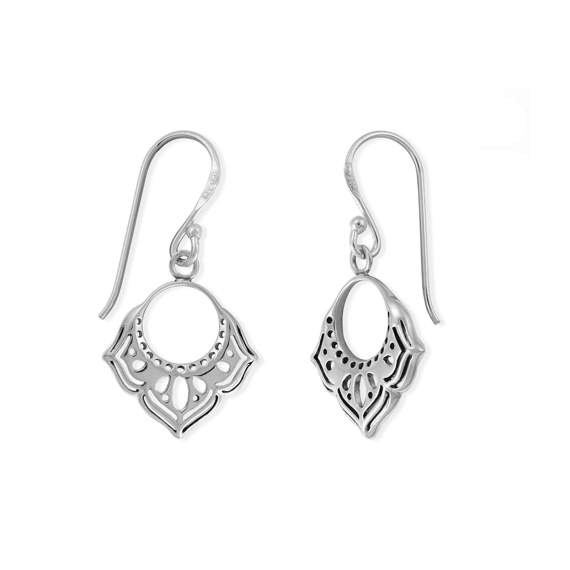 Boho Flower Dangle Earrings - Sterling Silver Bali Style Open Circle Matte Drop Earrings for Women | Perfect for Casual Wear, Parties & Boho Fashion