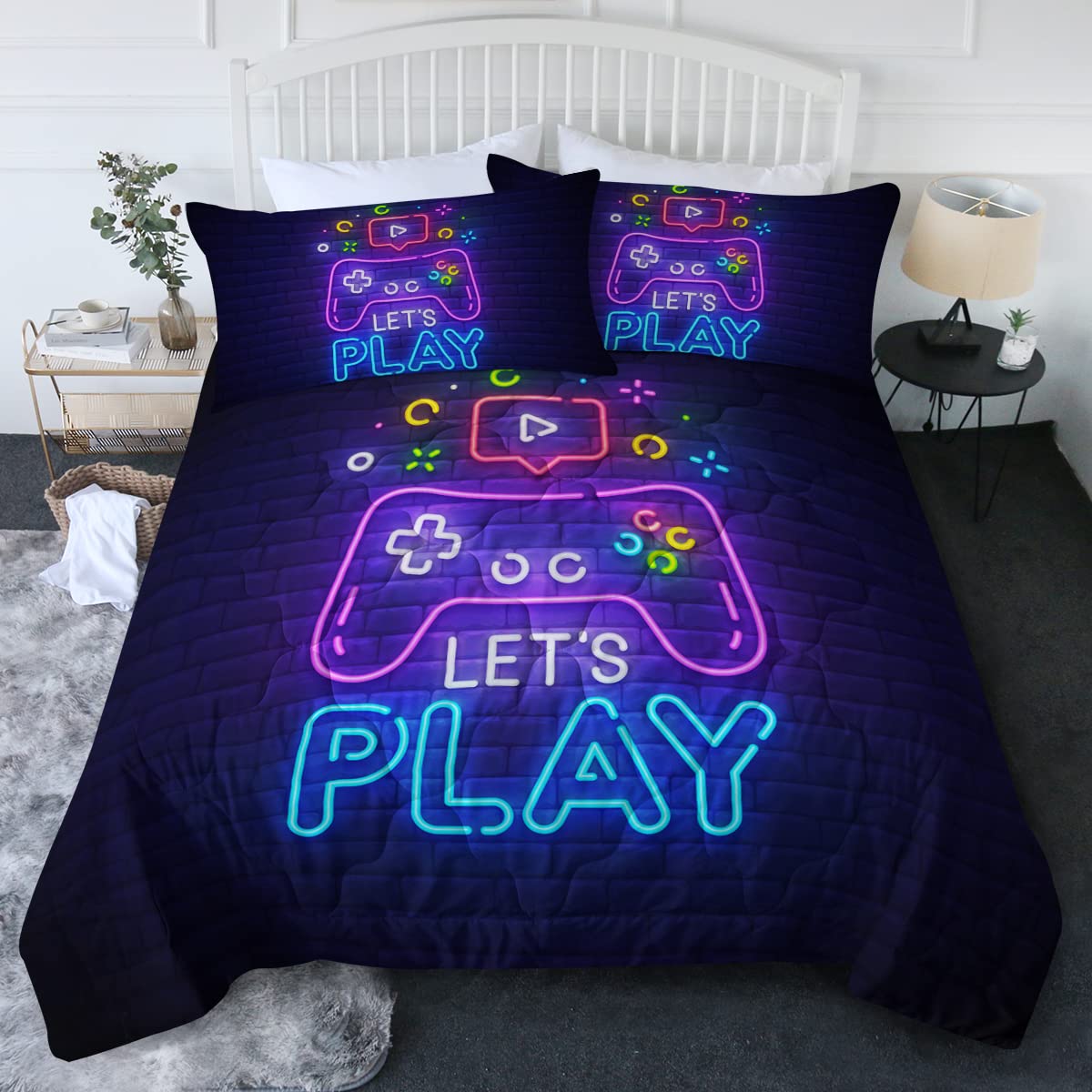 BlessLiving Gaming Comforter Set for Boys - Trippy Gamer Bedding with Comforter & Pillow Shams in Neon Purple/Blue - 3-Piece Video Game Controller Design for Kids & Teens (King Size) - Perfect for Gaming Rooms, Sleepovers & Teen Bedrooms