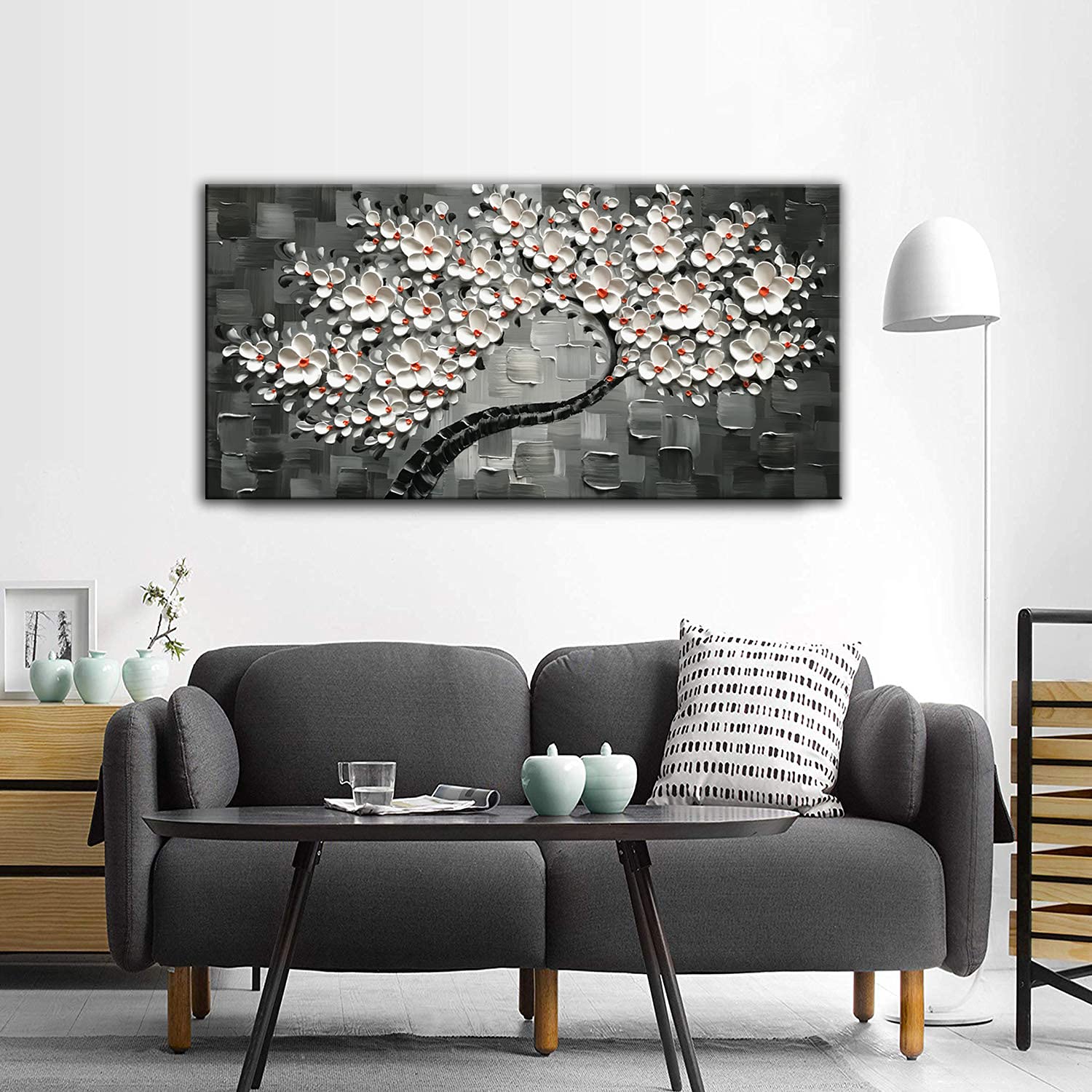 24x48 Inch Hand-Painted Contemporary Abstract Oil Painting - White Flowers Tree 3D Canvas Wall Art for Living Room, Bedroom & Office Decor | Modern Floral Home Decor