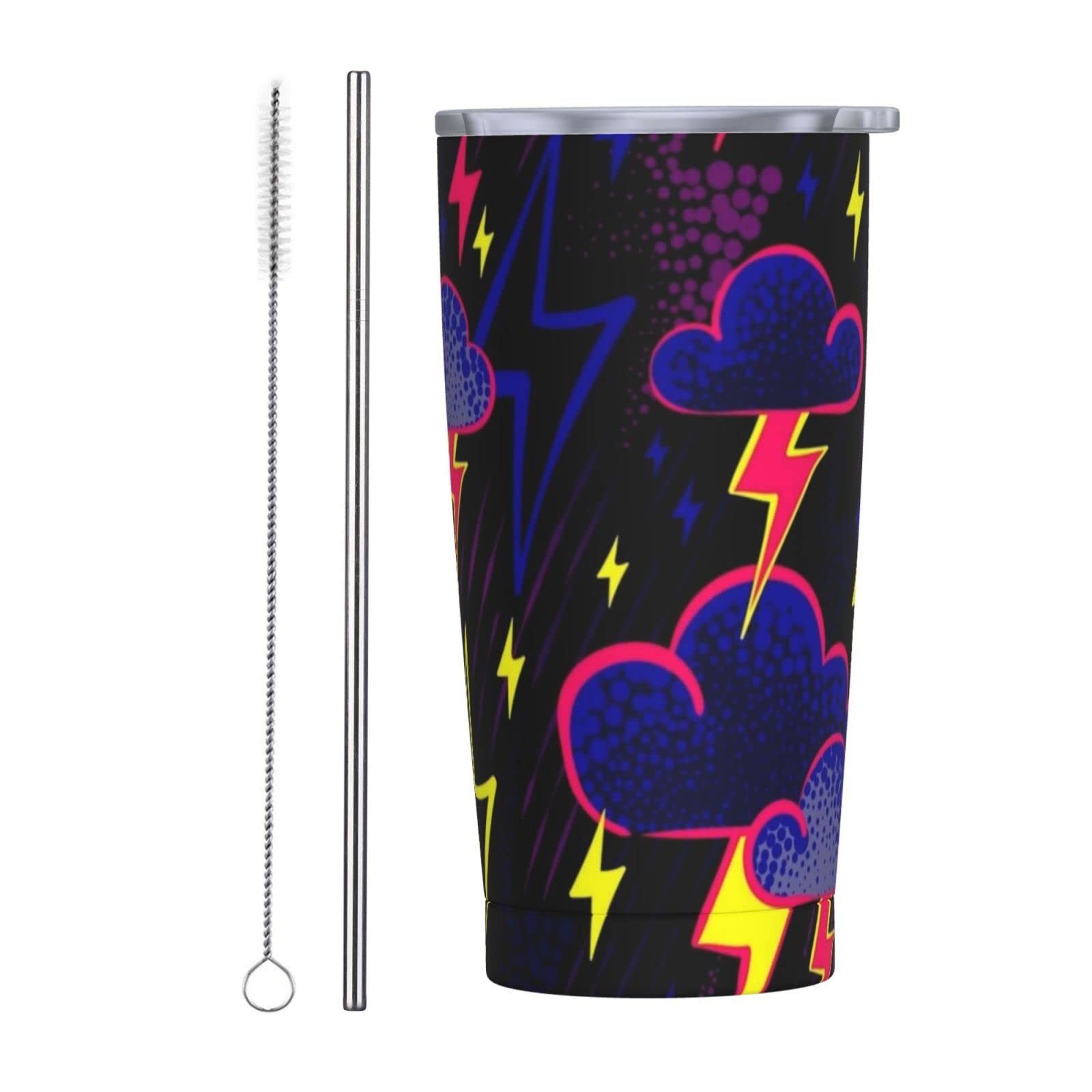 SWEET TANG Spill Proof Coffee Mug with Straw - Vacuum Insulated Stainless Steel Tumbler with Unique Storm Clouds Design, Reusable Travel Cup for Hot & Cold Drinks - Perfect Gift for Men, Women, Office Use, Commuting and Outdoor Activities
