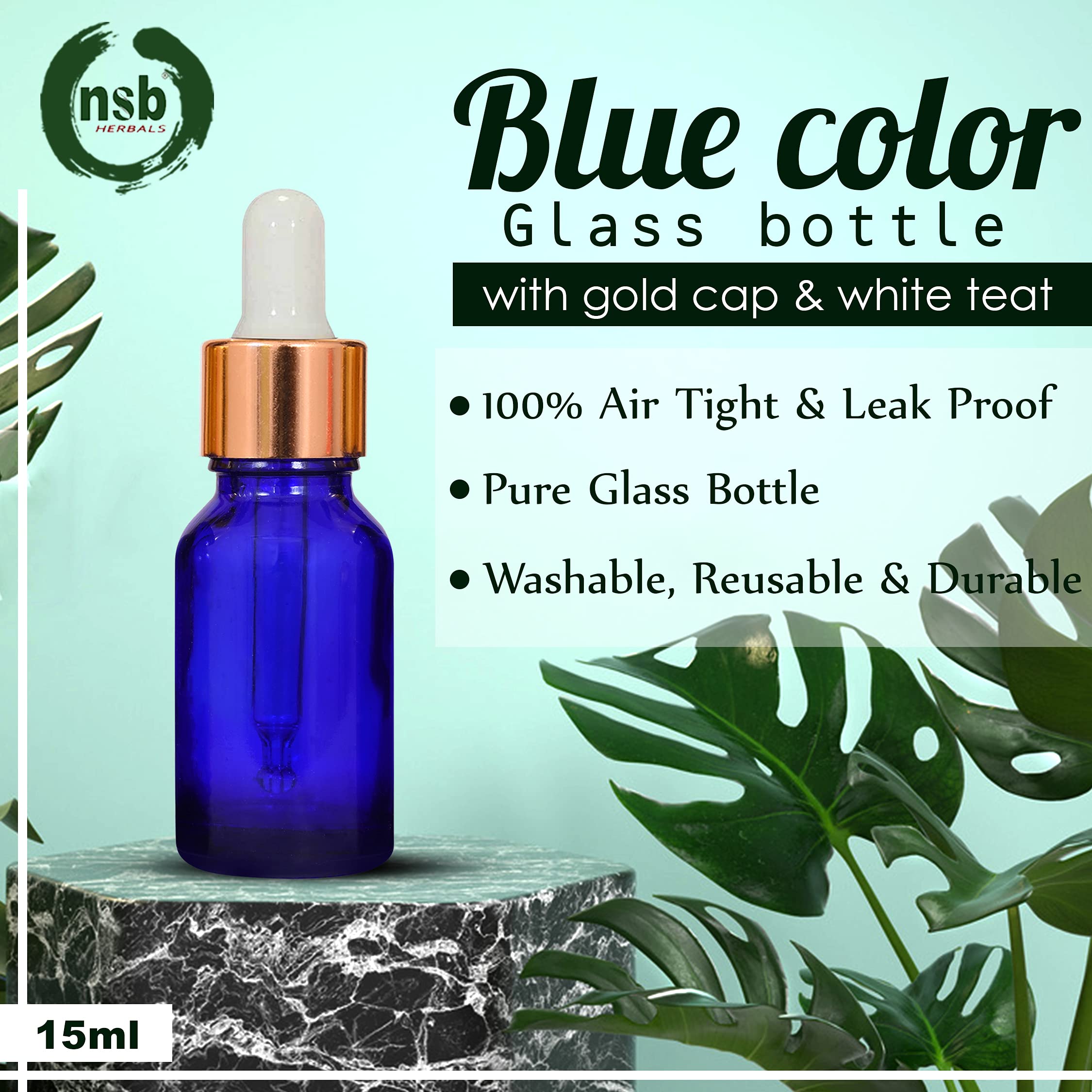 NSB Herbals 15ml Blue Round Empty Glass Bottle with Glass Dropper, Gold Ring & Silicone White Teat - Refillable, Reusable, Leak Proof for Essential Oils, DIY Perfumes, Face Serums & Aromatherapy Blends (Pack of 3) - Perfect for Travel, Gifts & Home Spa Use