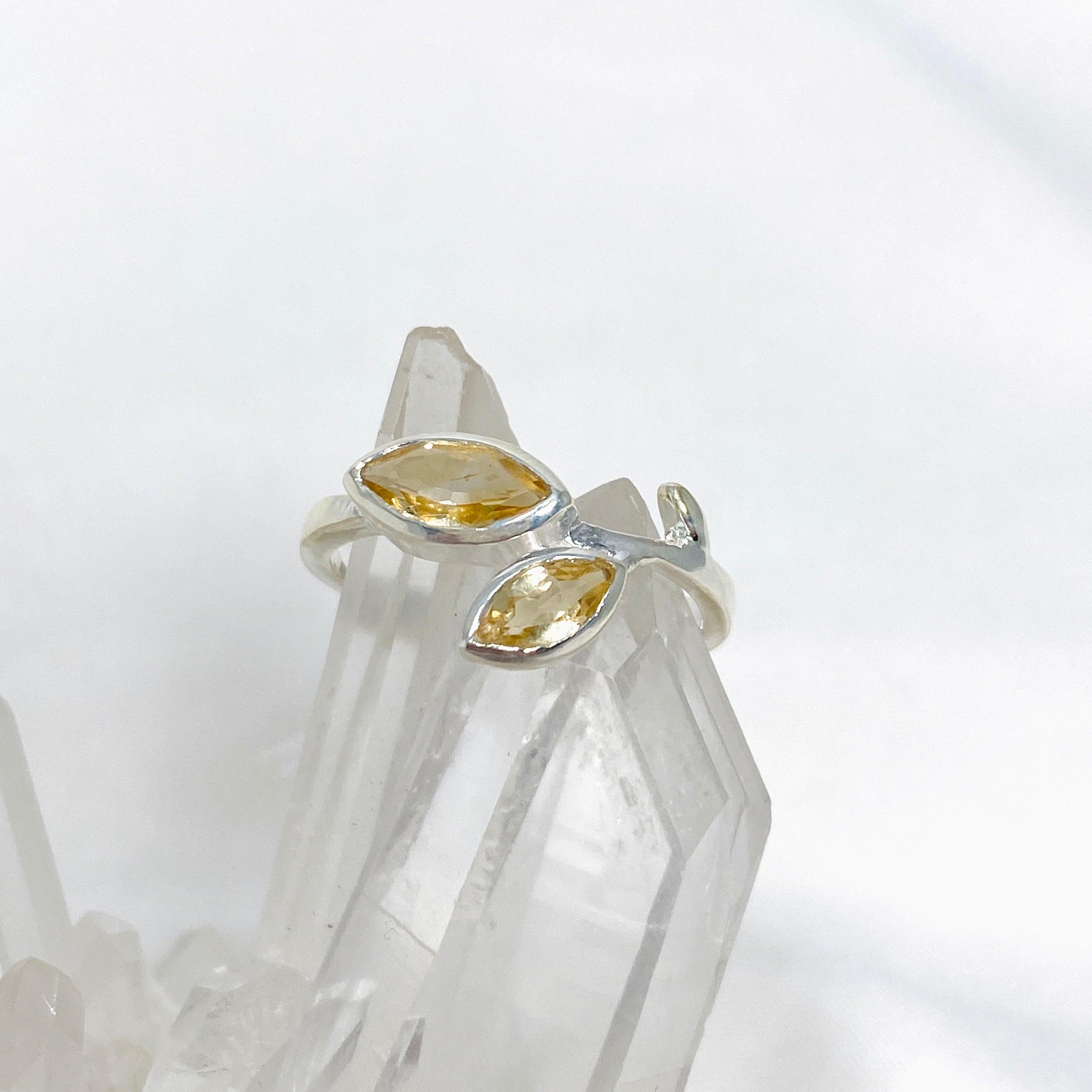 Natural Citrine Faceted Marquise Multistone Leaf Ring in Sterling Silver - Elegant Bohemian Jewelry for Women, Perfect for Weddings, Parties & Everyday Wear R3735