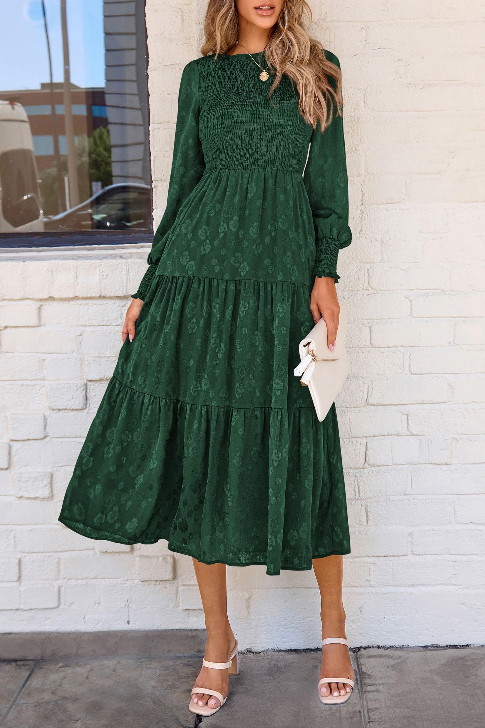 PRETTYGARDEN Women's Floral Midi Dress with Long Sleeves - Elegant Smocked Waist, Flowy Wedding Guest Dress with Pockets - Perfect for Fall, Spring Weddings, Parties & Special Occasions