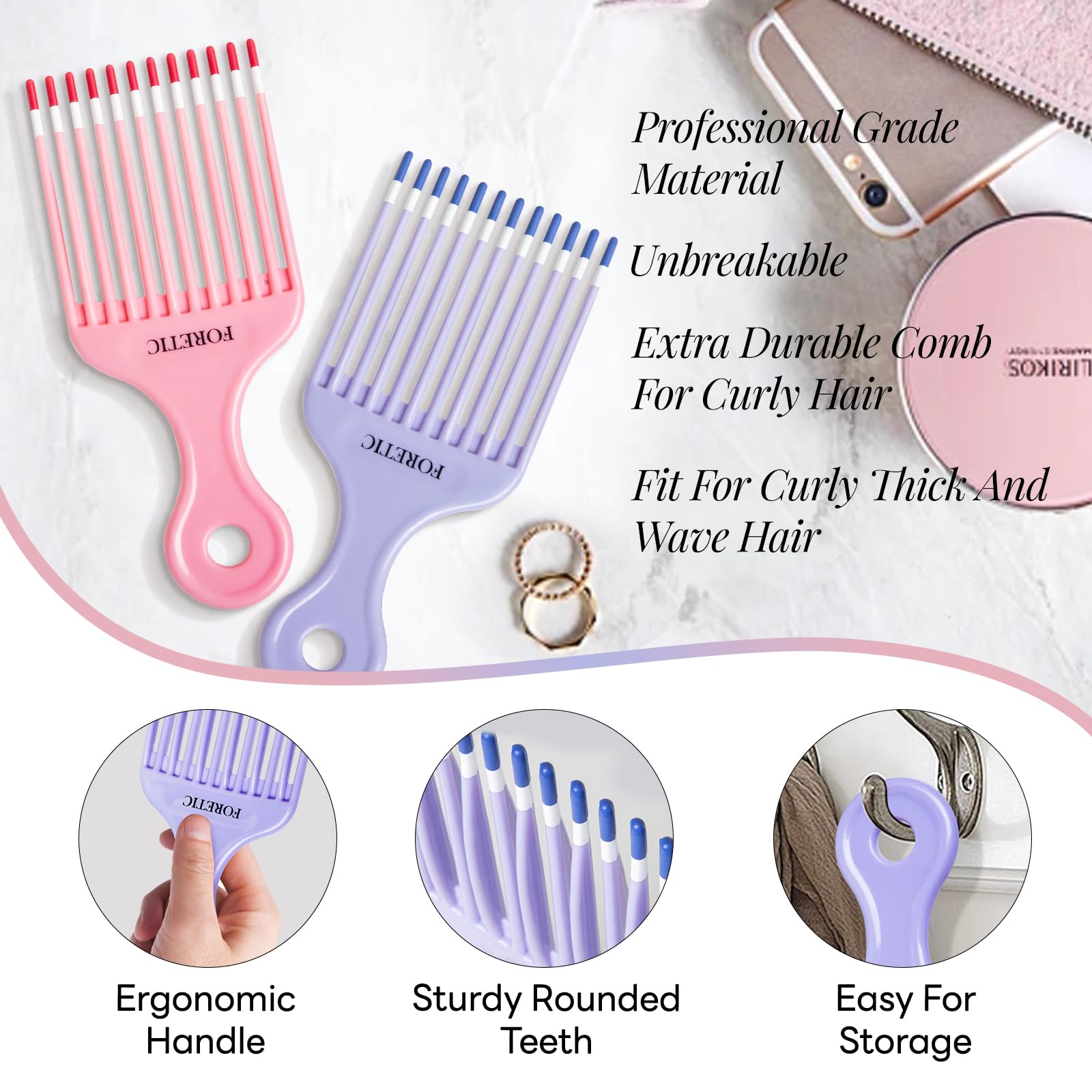 Best Smooth Hair Pick Comb for Curly, Thick & Long Hair - Detangling & Styling Tool for Natural, Coily & Facial Hair (Pink, Purple) - Perfect for Salon, Home & Travel Use