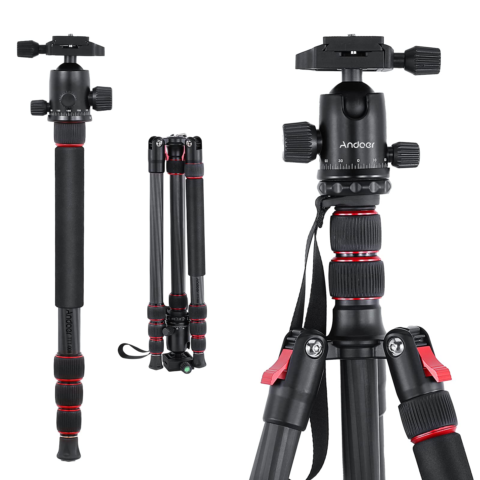 Professional Carbon Fiber DSLR Tripod HUIOP TTT-008 - 200cm/78.7in Adjustable Camera Stand with Quick Release Ball Head, 12KG Payload & Carry Bag - Perfect for Travel Photography, Vlogging, and Outdoor Shooting