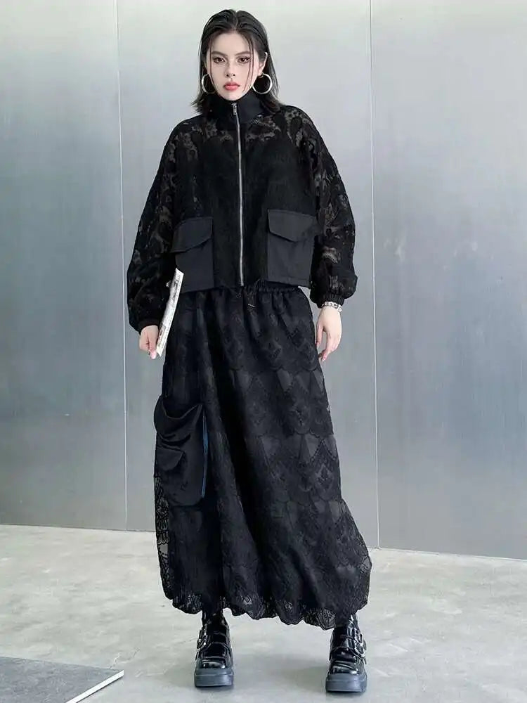 Elegant Black Lace Jacket & Pocket Skirt Two-Piece Set with Stand Collar & Long Sleeves - Women's Fashion Outfit for Spring & Fall 2025 (Style 1DJ0248) | Perfect for Office Wear, Date Nights & Special Occasions