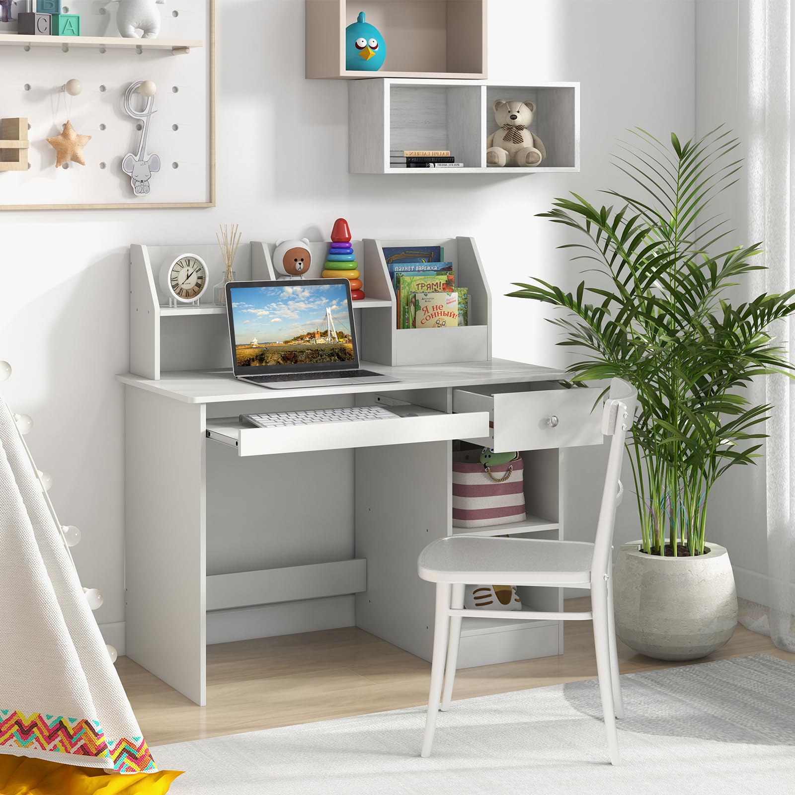 Costzon Kids Wooden Study Desk with Hutch, Storage Shelves & Keyboard Tray - White Children's Writing Workstation for Bedroom, School - Perfect Gift for Boys & Girls Ages 3+ | Ideal for Homework, Art Projects & Computer Learning