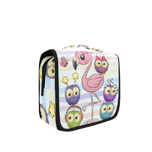 Cartoon Pink Flamingo And Five Owls
