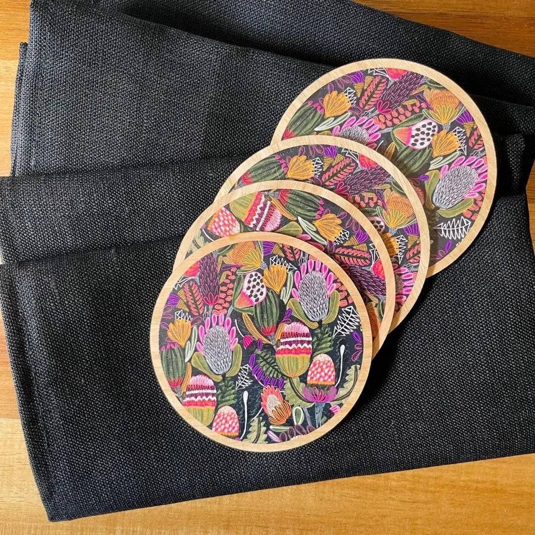 Premium Bush Banksia Australian Wooden Coaster Set with Napkins - Natural Wood Drink Coasters for Home Bar, Dining Table & Office Decor