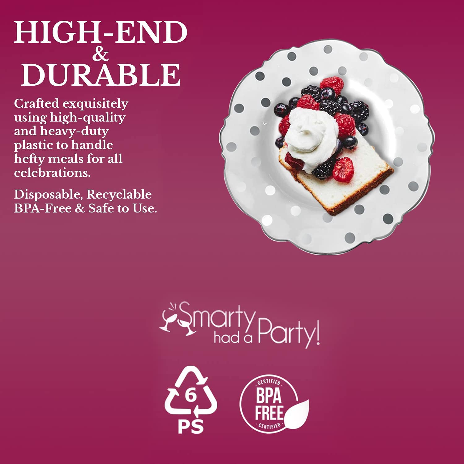 120-Pack White Plastic Plates 7.5 Inch - Elegant Disposable Round Dots Blossom Design Salad/Dessert Plates for Wedding, Birthday Party, Picnic, Catering & Special Events (Silver Trim, Bulk Pack)