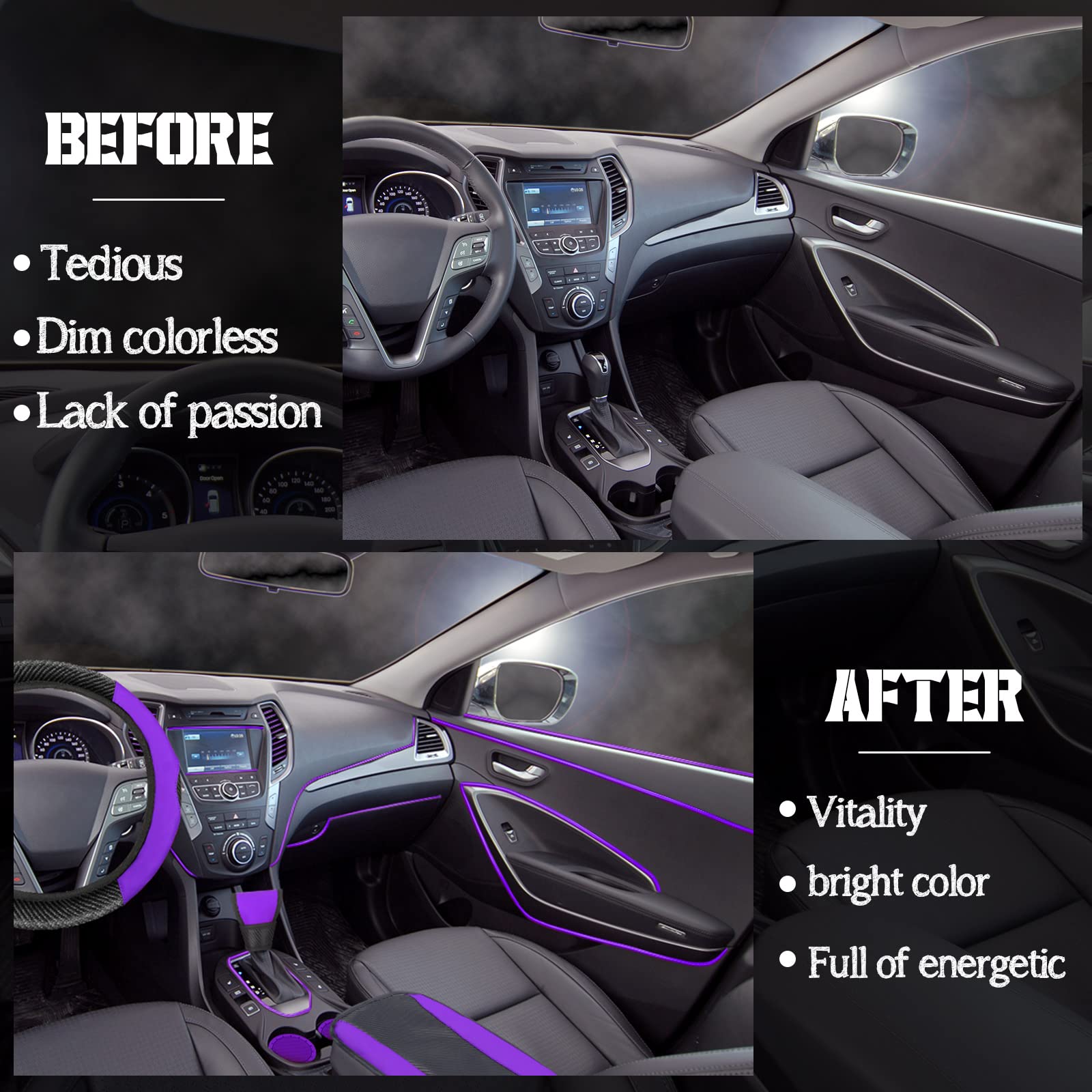 Riakrum 30 Pcs Purple & Black PU Leather Car Accessories Set - Steering Wheel Cover, Vent Trim Strips, AC Insert Strips with Installation Tool | Auto Interior Upgrade Gift for Men & Women | Perfect for Sedans, SUVs, Trucks & Daily Commuting