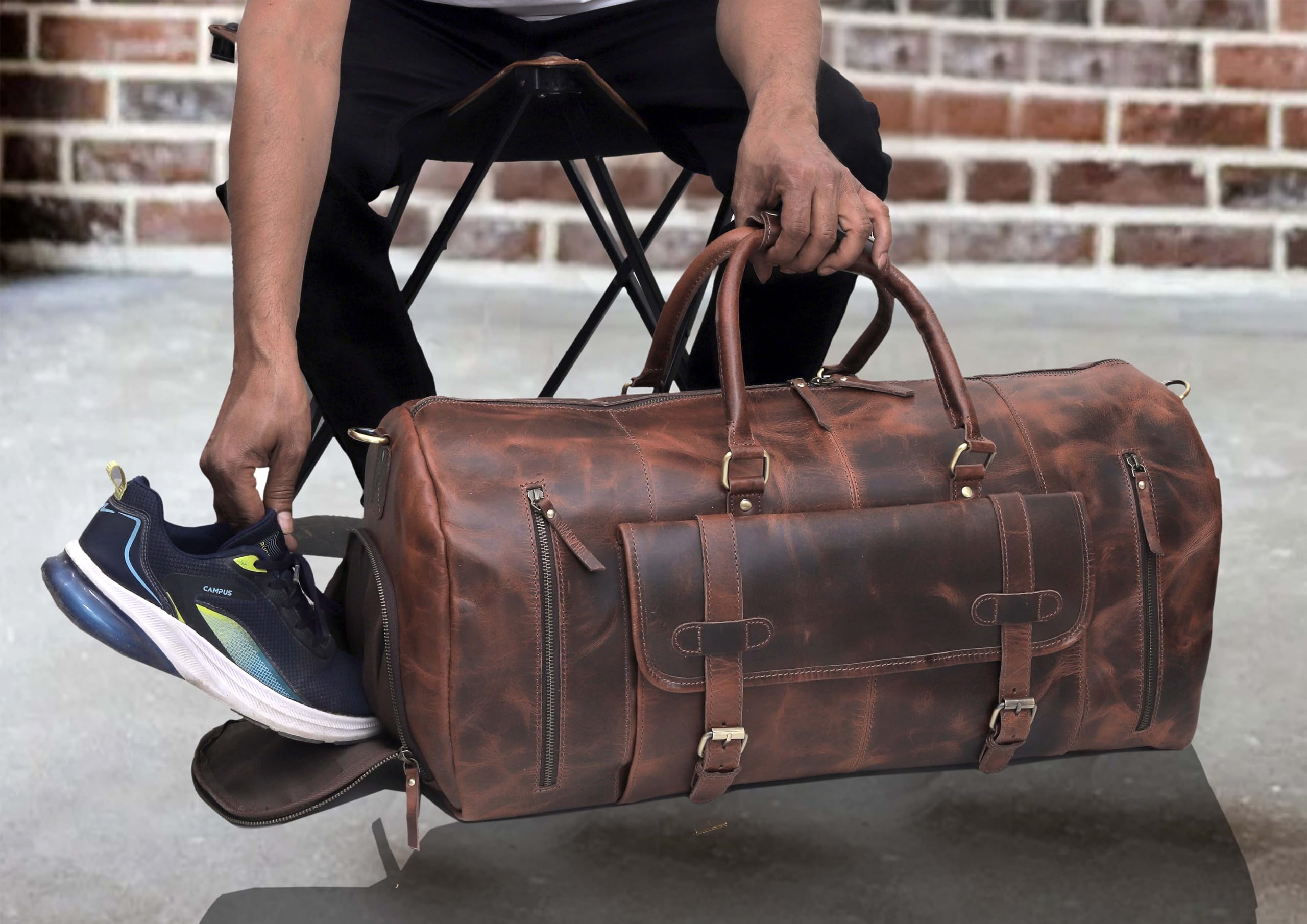 20 Inch Full Grain Leather Duffel Bag for Men & Women - Travel, Overnight, Weekend, Gym & Sports Duffle - Perfect for Business Trips, Workouts & Vacation Getaways