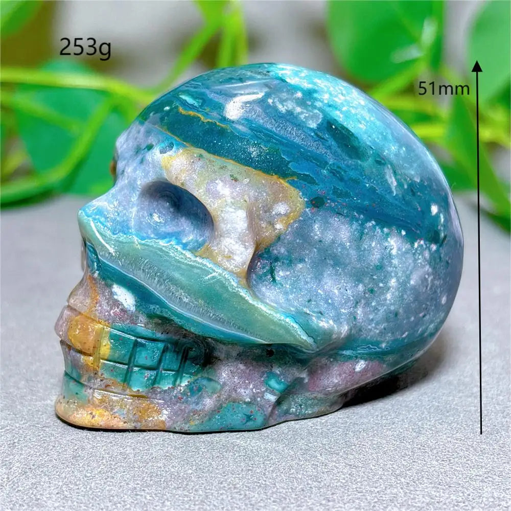 Natural Ocean Jasper Skull Crystal - Healing Quartz Stone for Meditation, Energy Work & Spiritual Gifts | Halloween Decor, Mineral Collection & Craft Supplies | Perfect for Home Altar, Yoga Space & Witchy Aesthetic