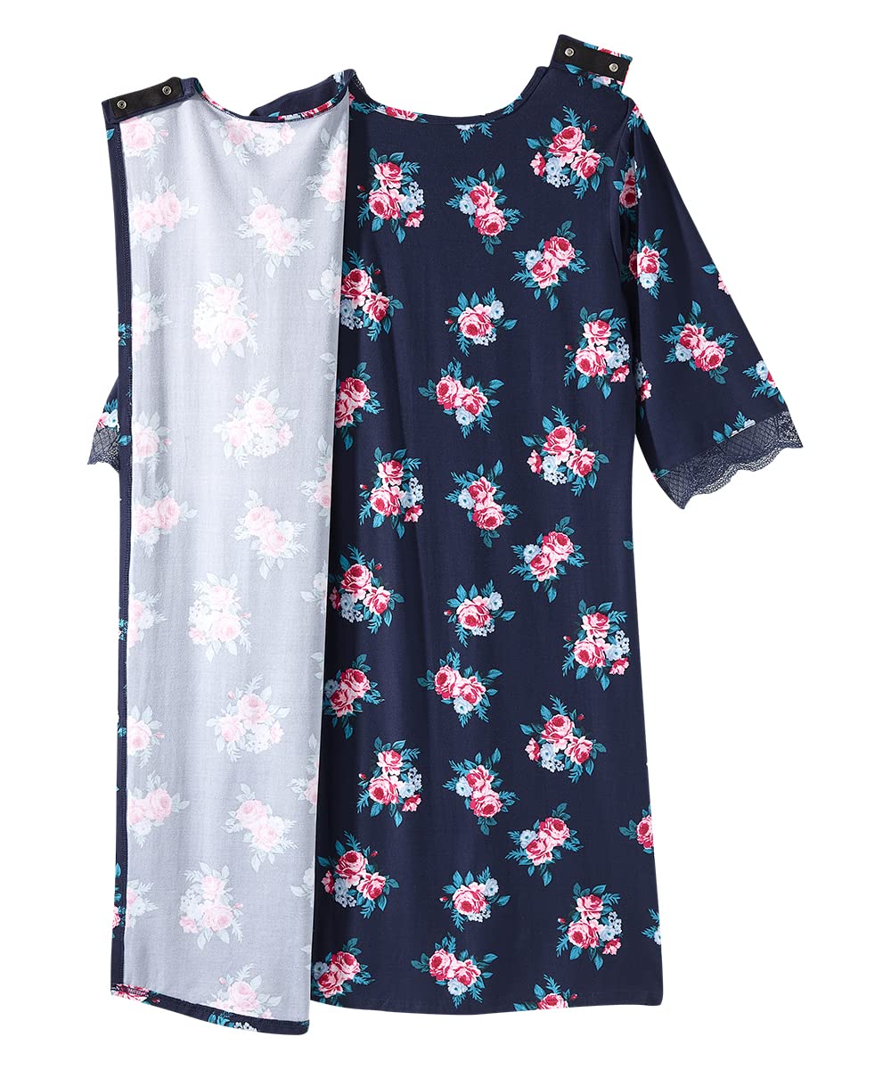 Silverts Open-Back Hospital Gowns for Women - Comfortable Easy-Dressing Patient Gowns for Seniors & Recovery - Milk Silk Lace 3/4 Sleeve - Ideal for Hospital Stays, Post-Surgery Care & Home Nursing
