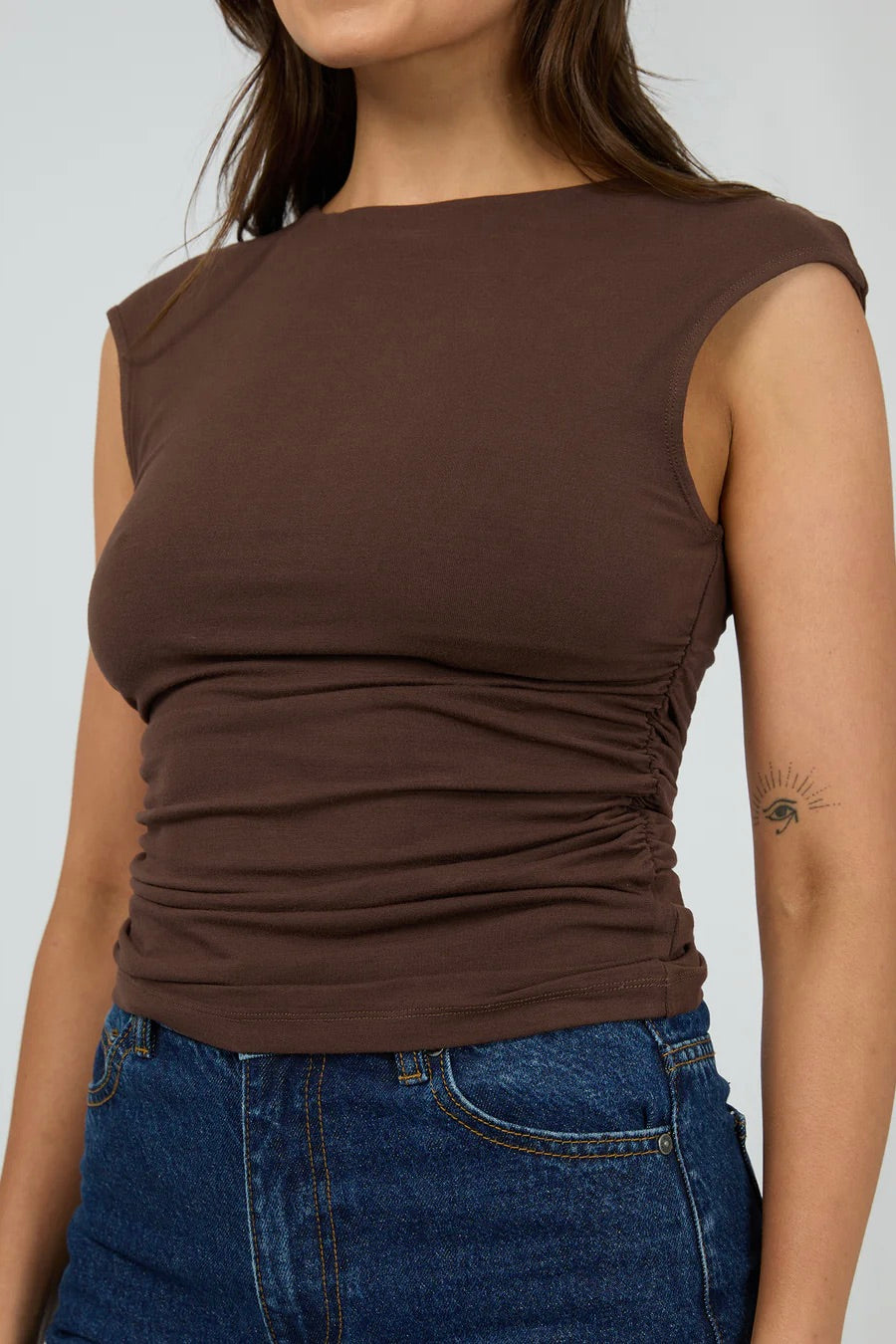 Evie Chocolate Ruched Short Sleeve Top for Women - Elegant & Flattering Fit - Perfect for Casual Outings, Dates & Office Wear