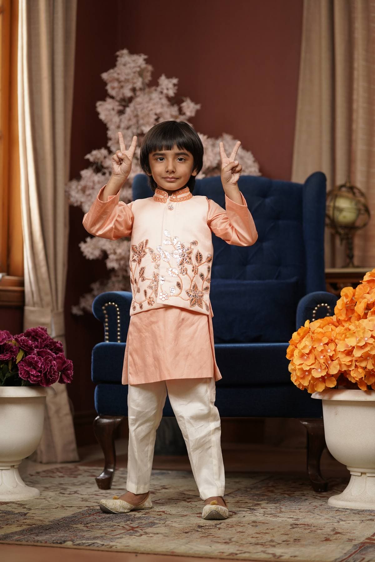 Pre Order: Peach Gotta Embroidery Nehru Jacket Set for Men - Stylish Ethnic Kurta with Embroidery Design - Perfect for Weddings, Festivals & Cultural Events