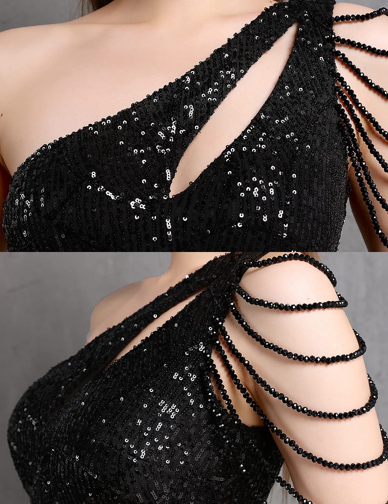 Elegant One Shoulder Sleeveless Beaded Sequin Evening Gown for Women - Perfect for Prom, Cocktail Parties & Formal Events