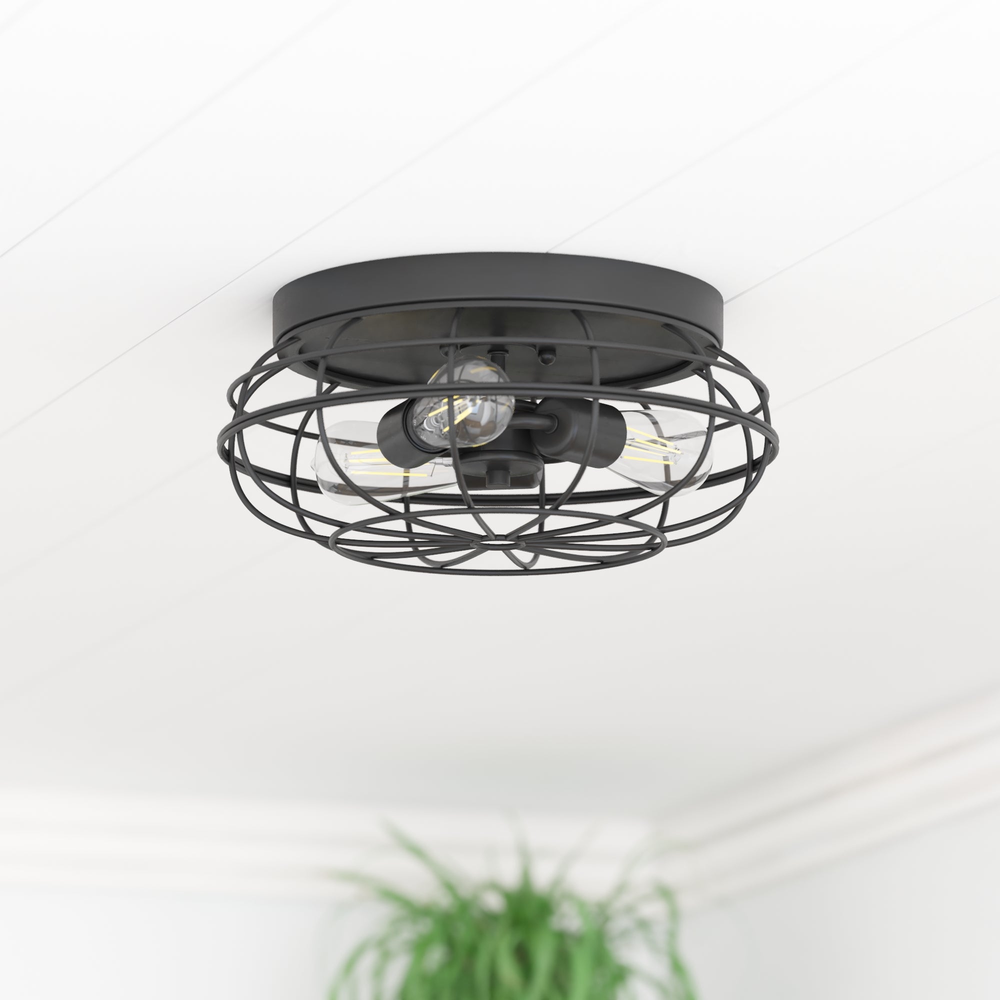 Lincoln Woods Industrial Flushmount Light Fixture - Matte Black Wire Cage Ceiling Light for Workshop, Garage & Farmhouse Decor