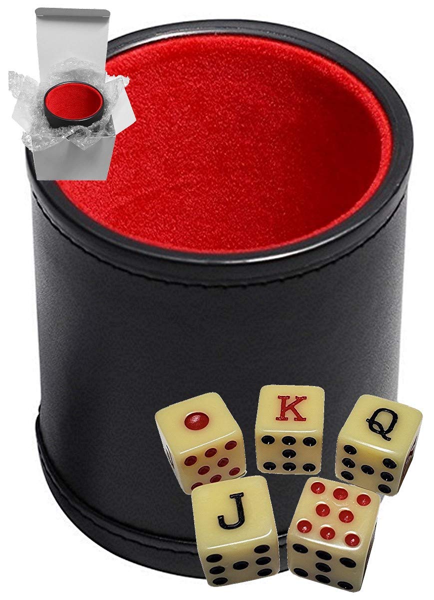 Premium Black PU Leather Dice Cup with Plush Red Felt Lining - Spanish Poker Dice Set in Classic Bone Tone (Gift Box Included) - Perfect for Casino Nights, Poker Parties, and Family Game Nights