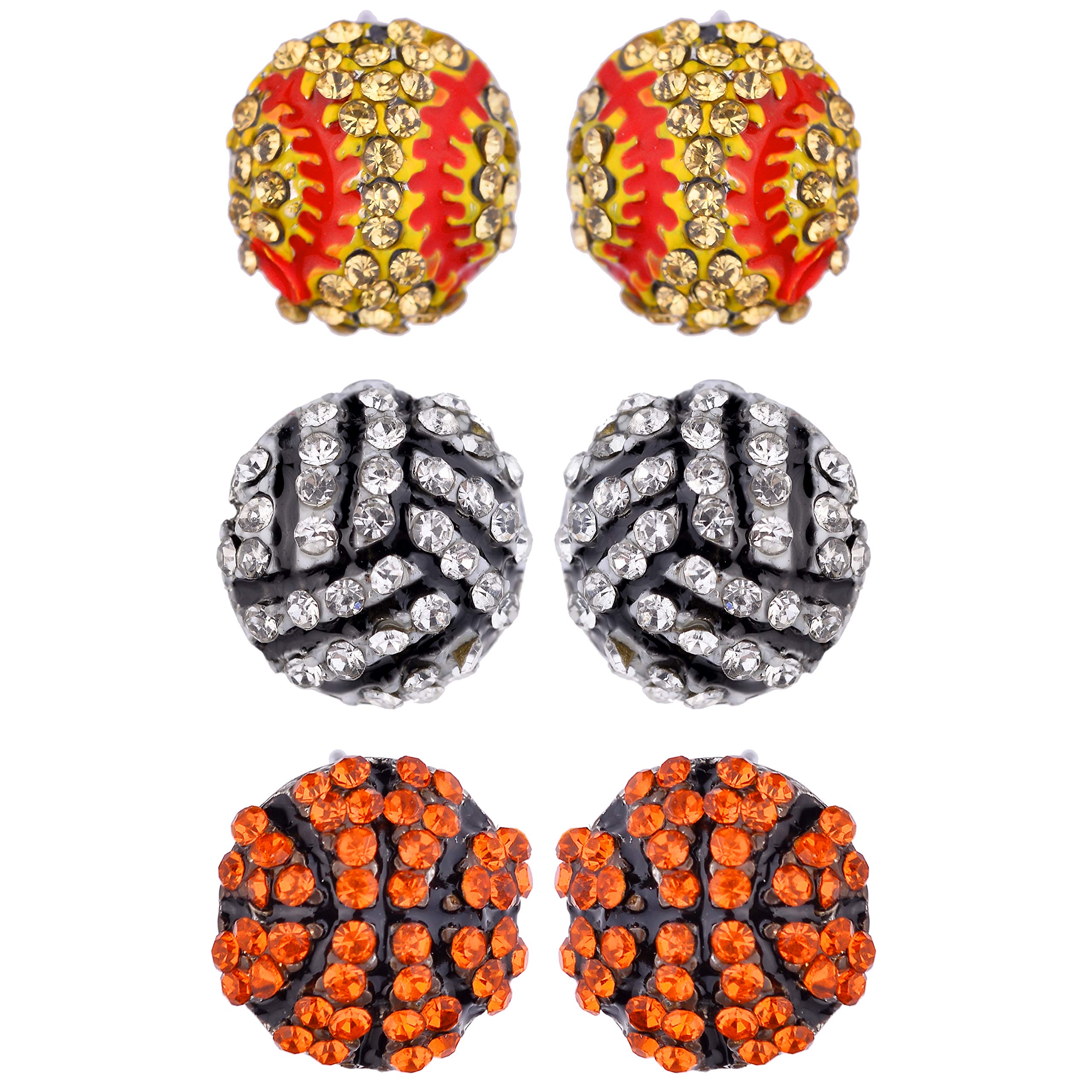Lux Accessories White Black Stripes Sports Stud Earrings Set (3pc) - Perfect for Soccer, Baseball, Basketball Games & Casual Wear