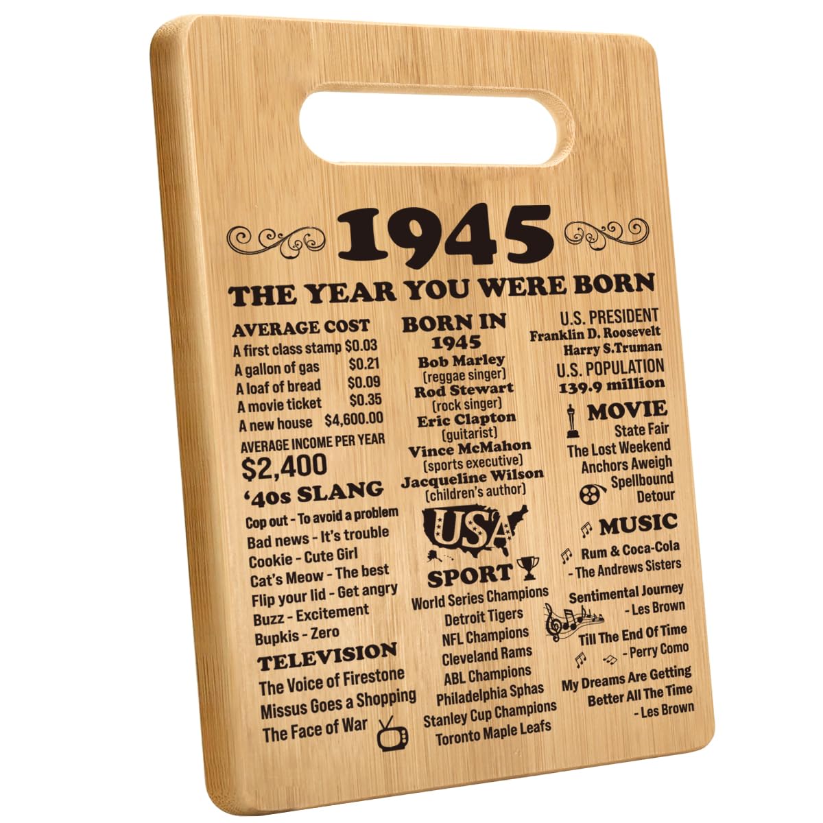 Personalized 80th Birthday Cutting Board Gift for Women & Men - Vintage 1945 Design - Unique 80 Year Old Birthday Present Idea - Perfect for Anniversary, Retirement & Milestone Celebrations