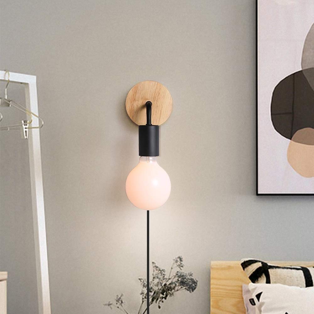 Nordic Style Wooden Wall Sconce with Plug - Minimalist E27 Wall Mounted Light Fixture for Bedroom, Closet & Hallway | Night Reading Lamp & Cozy Ambient Lighting