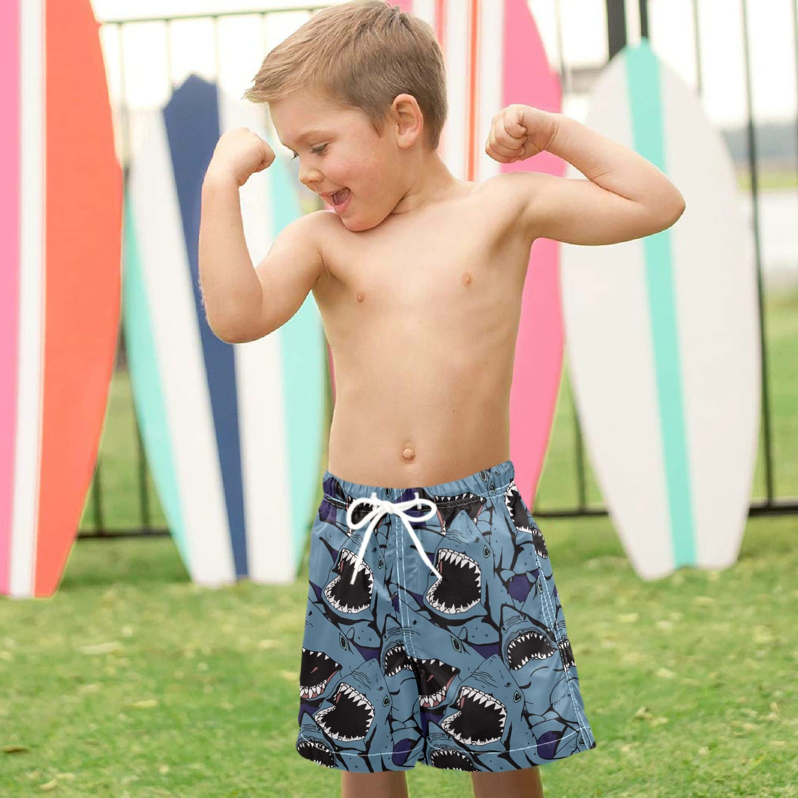 Visesunny Blue Shark Swim Trunks for Boys - Sharp Teeth Animal Print Toddler Bathing Suits & Kids Swimwear | Perfect for Beach, Pool & Summer Water Activities