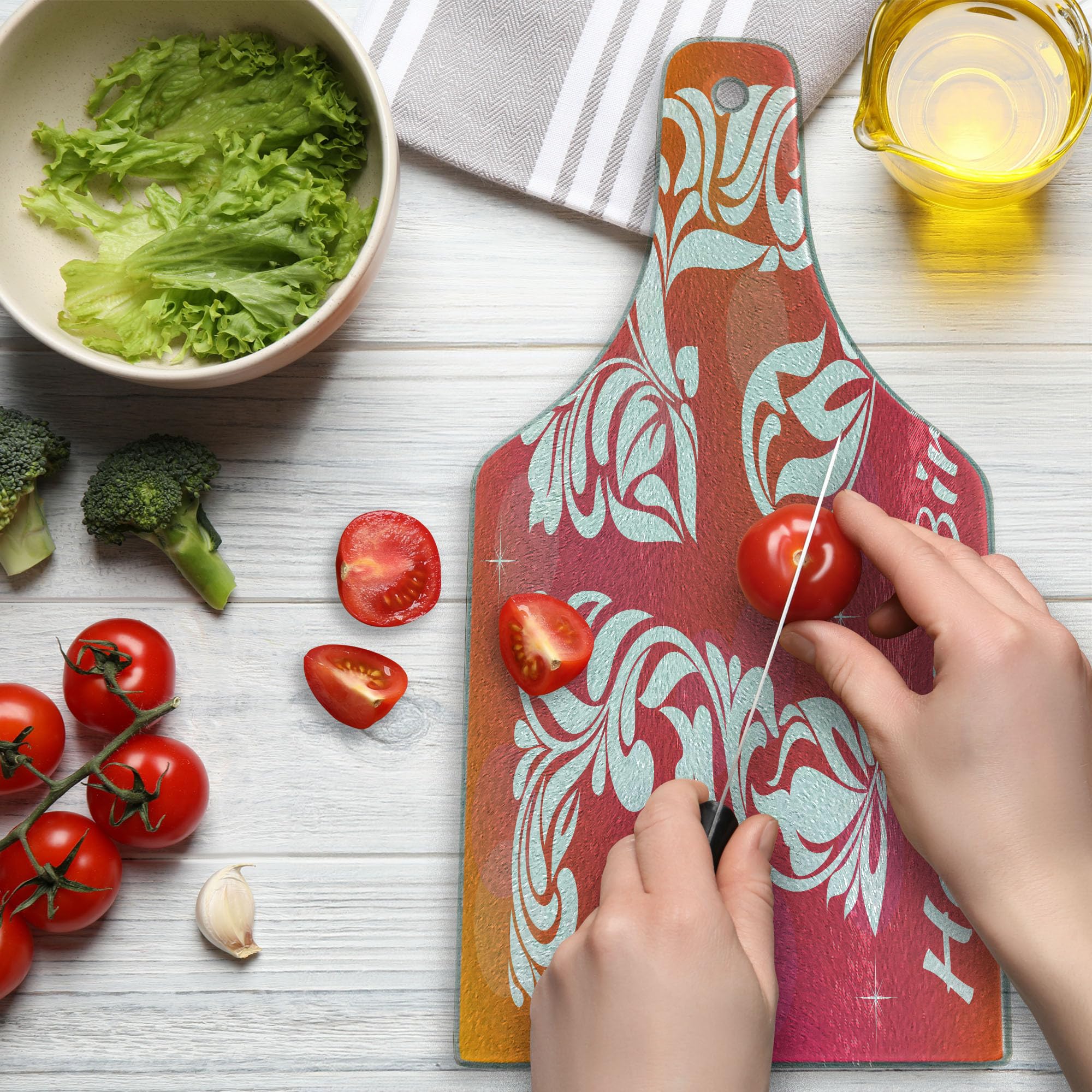 Ambesonne 75th Birthday Cutting Board - Tempered Glass Serving Board with Floral Swirls & Stars Design - Wine Bottle Shape in Pink, Orange & White - Perfect for Anniversary Gifts, Party Decor & Kitchen Use