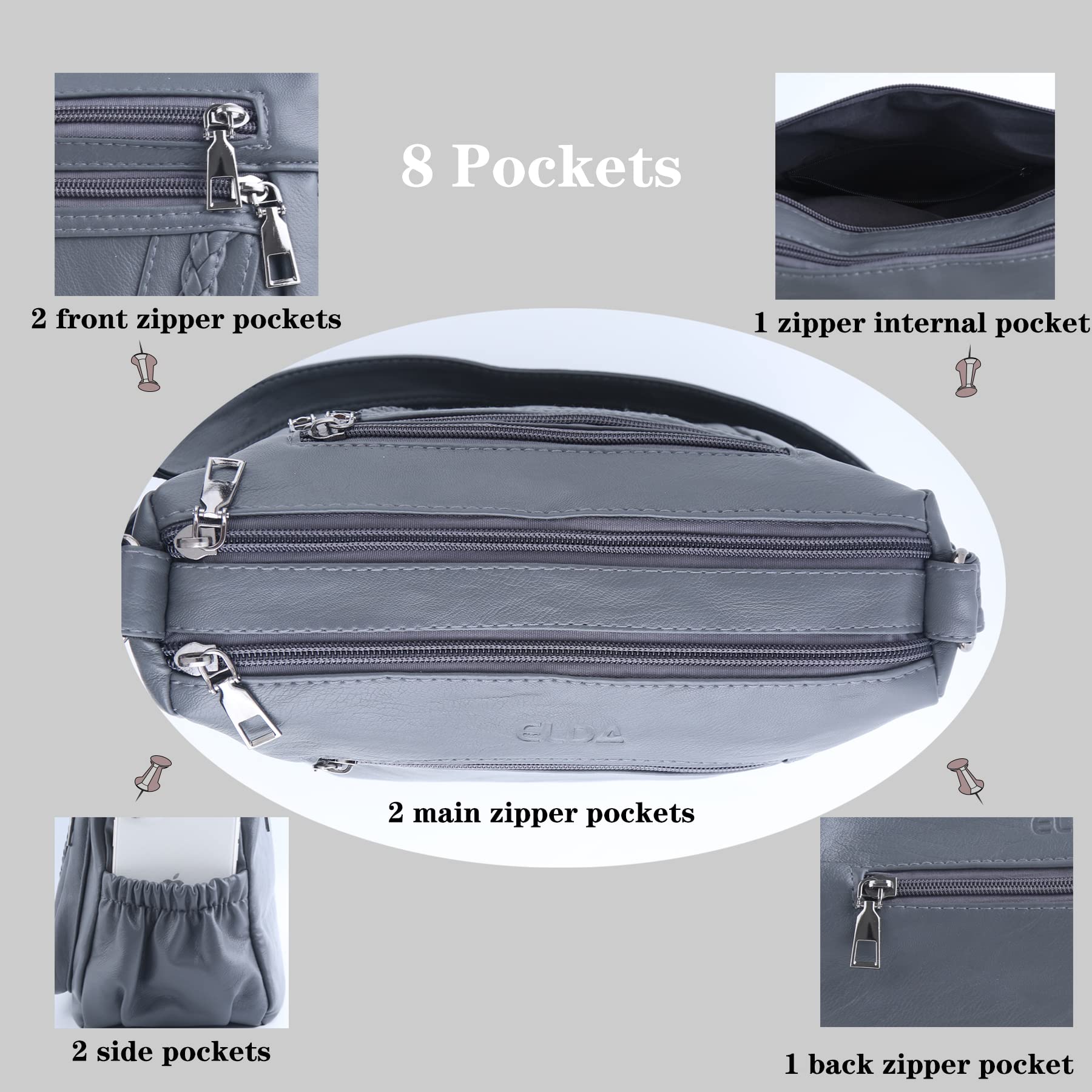ELDA Women's Crossbody Bag - Soft PU Leather Purse with Multiple Pockets, Stylish Shoulder Handbag for Daily Use, Travel & Shopping
