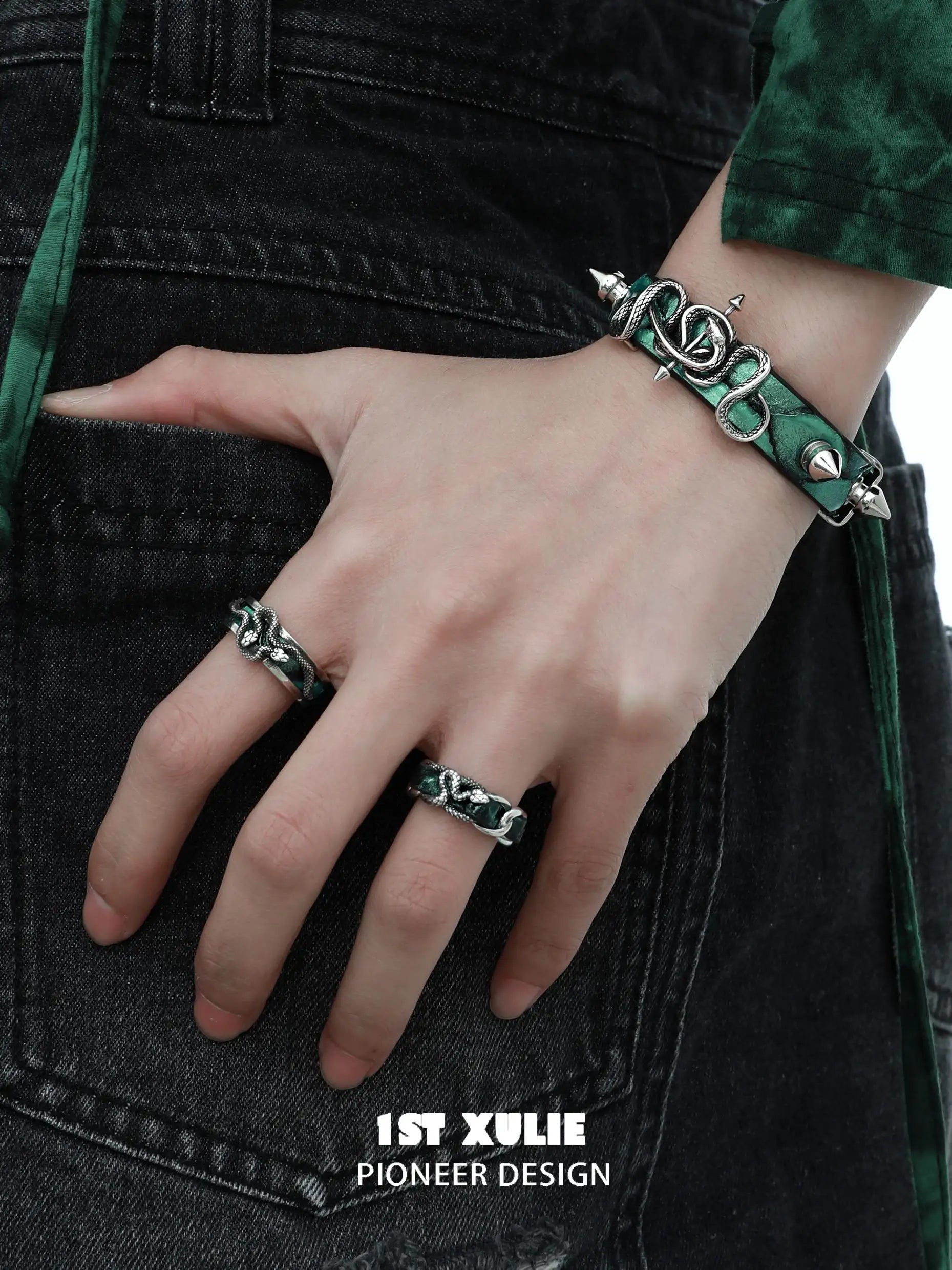 S925 Sterling Silver Snake Bite Couple Rings - Matching Open End Leather Band Rings for Men & Women - Perfect for Anniversary, Wedding, and Gothic Fashion Jewelry Gifts
