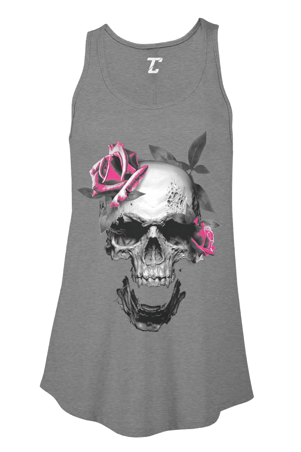 Badass Pink Rose Skull Skeleton Women's Flowy Tank Top - Gothic Fashion for Concerts, Halloween & Streetwear