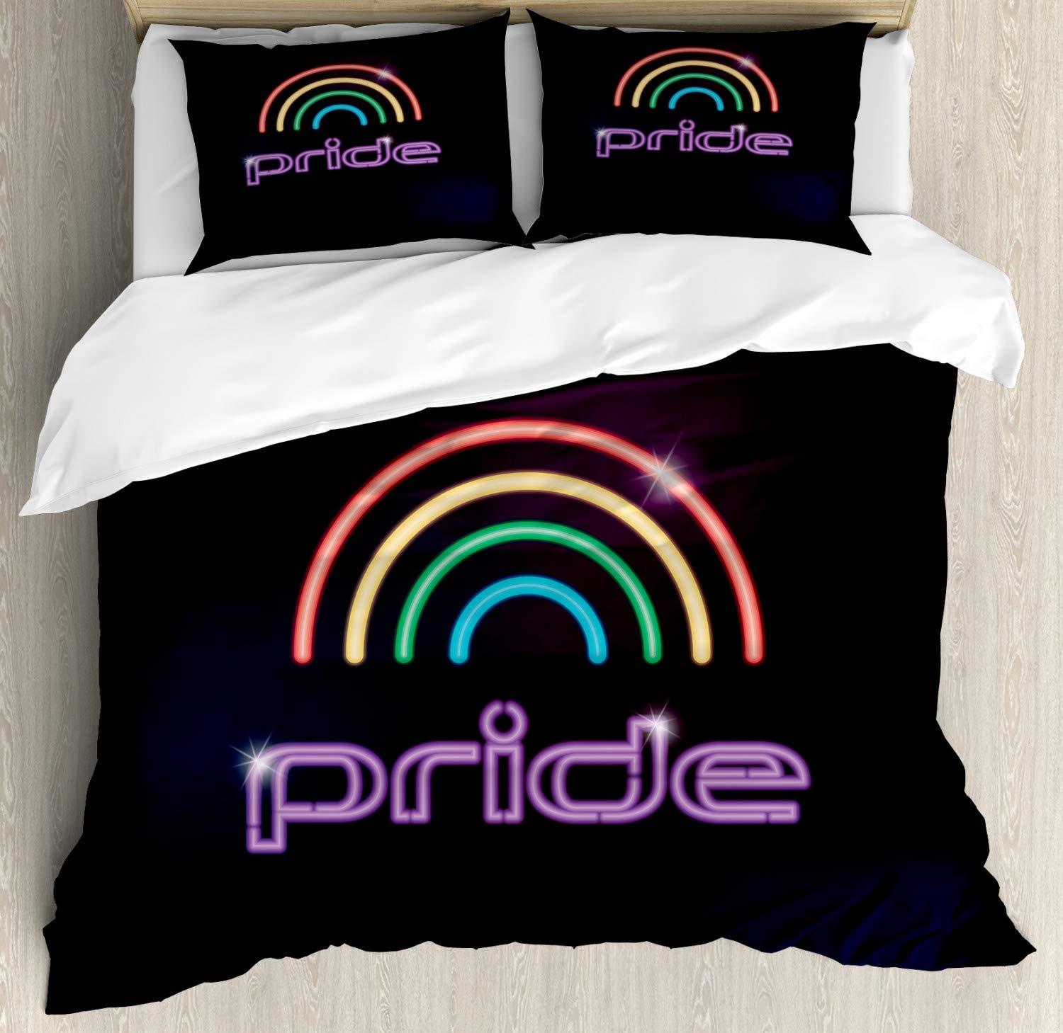 Ambesonne Pride Duvet Cover Set - Gay Neon Lamb Design with Rainbow Calligraphy Letters | 3-Piece Contemporary Bedding Set with 2 Pillow Shams | California King Size, Multicolor | Perfect for LGBTQ+ Themed Bedrooms, Pride Celebrations & Modern Home Decor