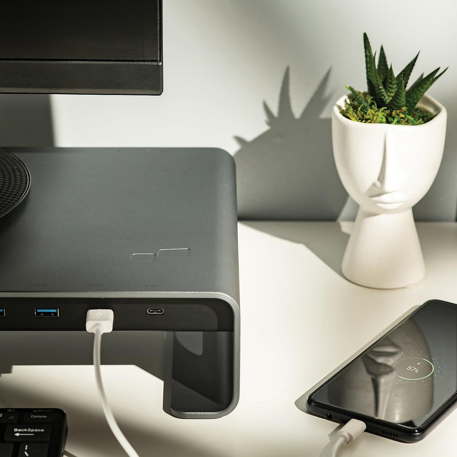 Premium Aluminum Monitor Stand with USB-C Hub - 4K HDMI, Ethernet, 3 USB 3.0 Ports & 100W PD Charging for Laptop, PC, MacBook - Space Gray | Home Office & Gaming Setup Accessory
