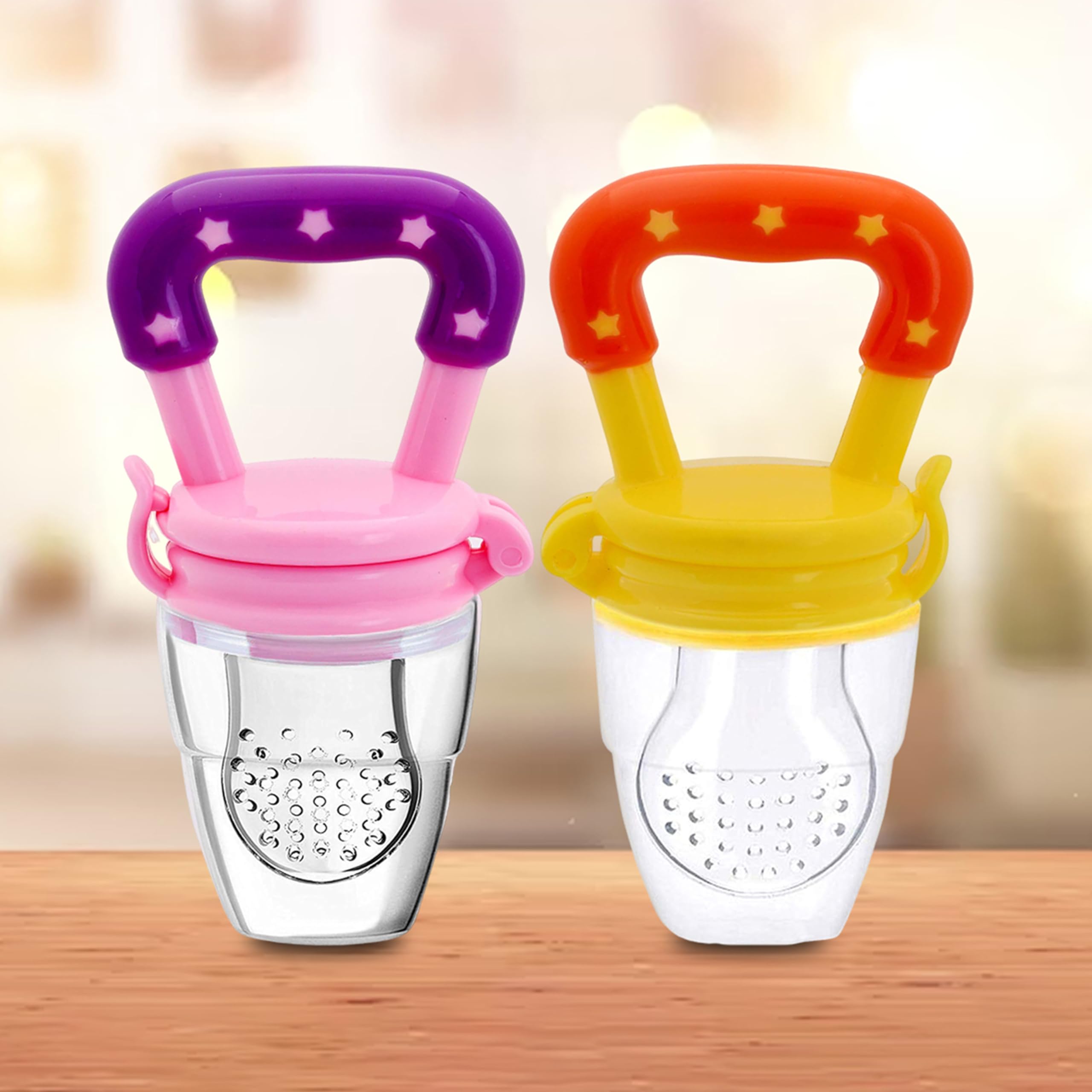 Kidbea Silicone Baby Fruit Feeder with Extra Mesh - Soft Pacifier & Teether for Infants 6-12 Months - BPA-Free, Easy to Clean (Yellow & Pink Combo) - Perfect for Soothing Teething Pain & Introducing Solid Foods Safely