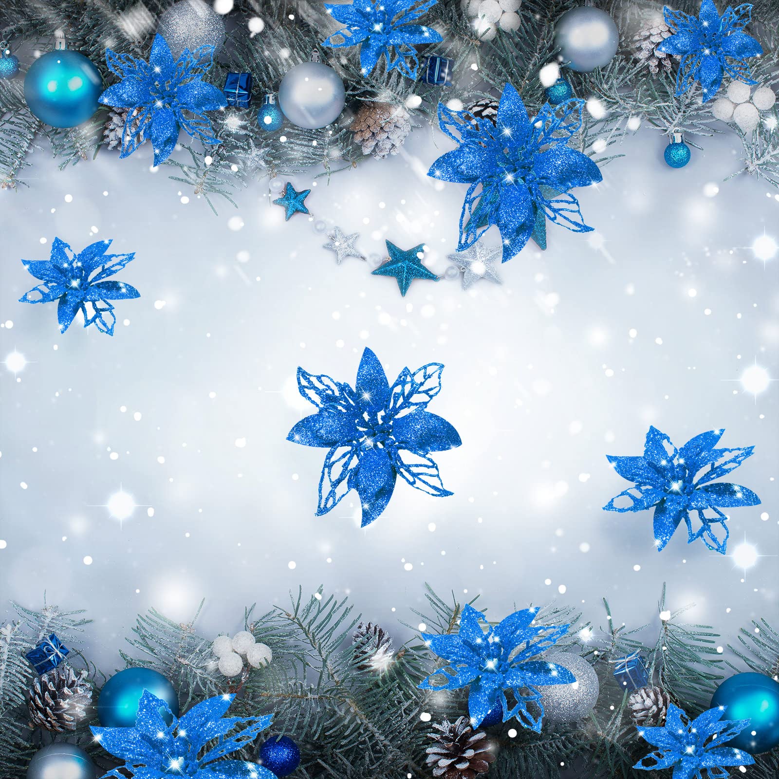 24-Piece Blue Glitter Artificial Poinsettia Flowers - Christmas Tree Decorations, Wedding Centerpieces, Holiday Home Decor & New Year Party Ornaments - Perfect for Xmas Wreaths, Gift Wrapping & Festive Tablescapes