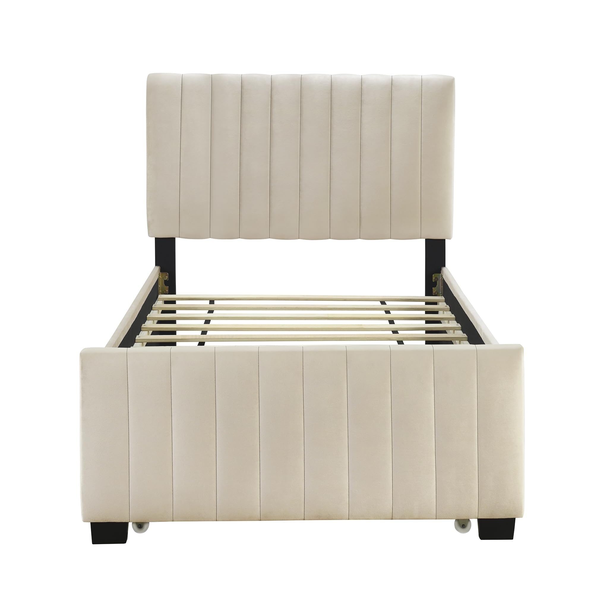 P PURLOVE Velvet Upholstered Twin Size Platform Bed Frame with Headboard & Trundle - No Box Spring Needed, Easy Assembly, Beige - Perfect for Small Bedrooms, Guest Rooms & Kids' Rooms