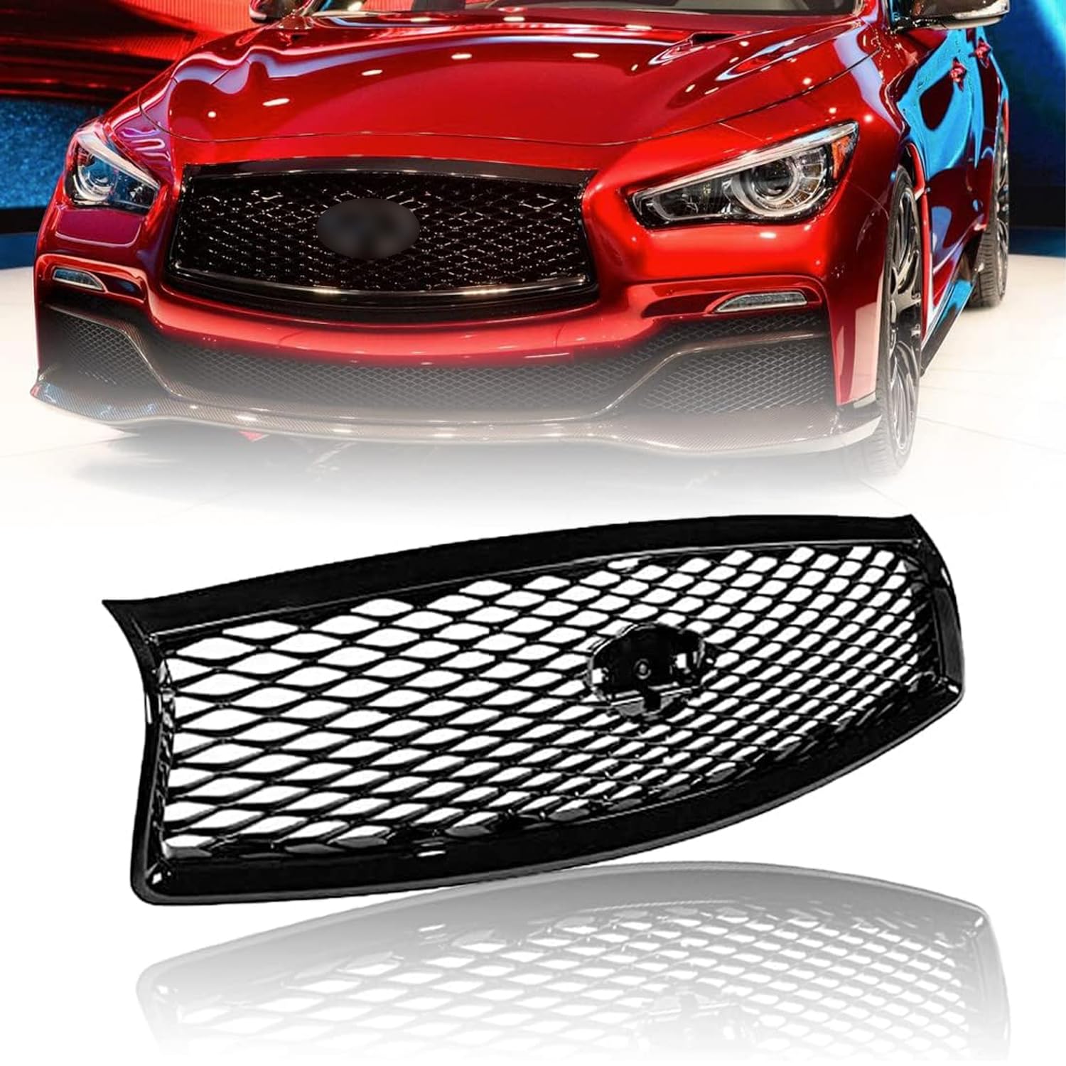 2014-2017 Infiniti Q50 Front Upper Bumper Grille Hood Cover - ABS Eau Rouge Style Glossy Black Replacement | Perfect for Car Customization & Performance Upgrade